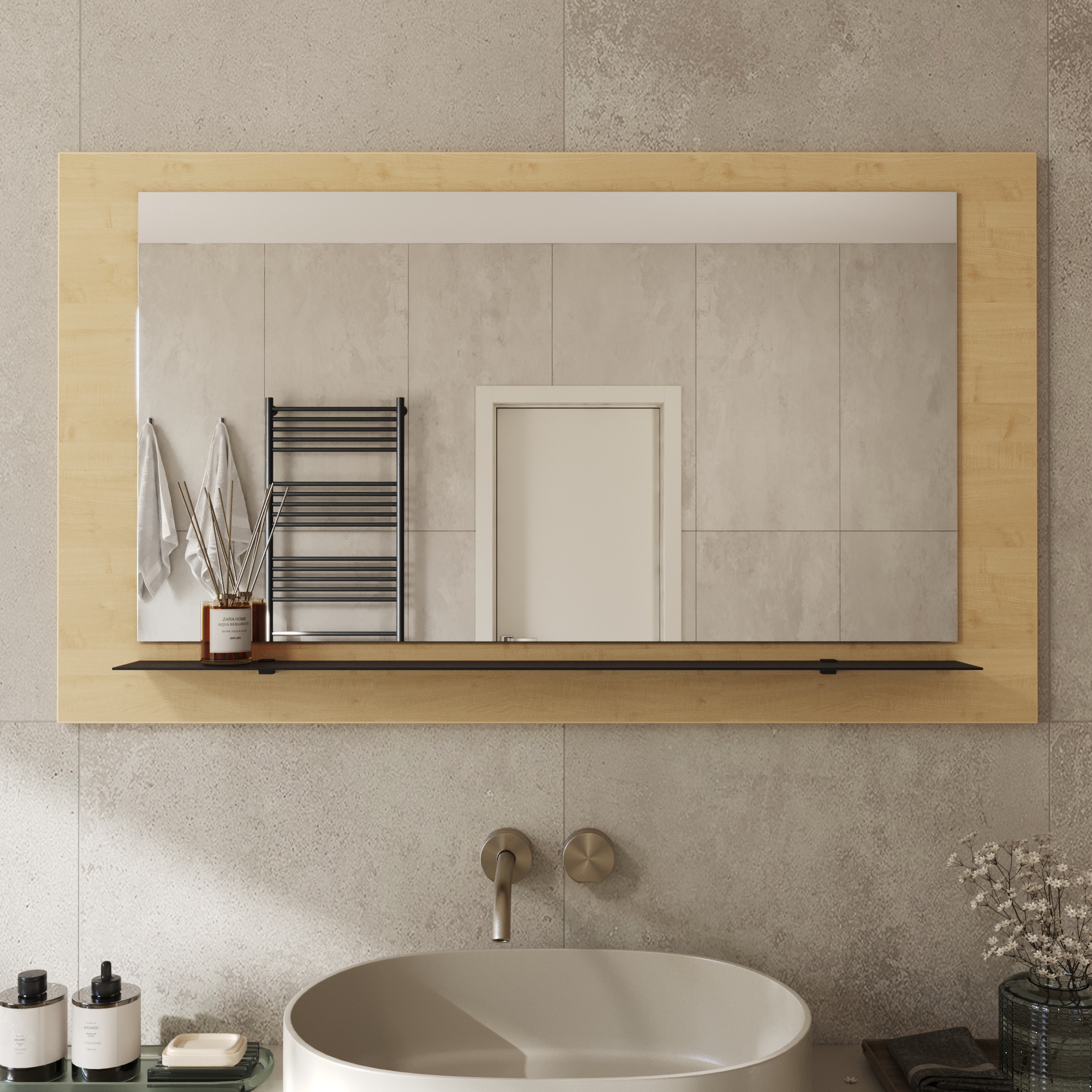 Wandspiegel Anina auf dekorativen Holzplatte im modernen Stil mit elegantem Rahmen und Befestigung