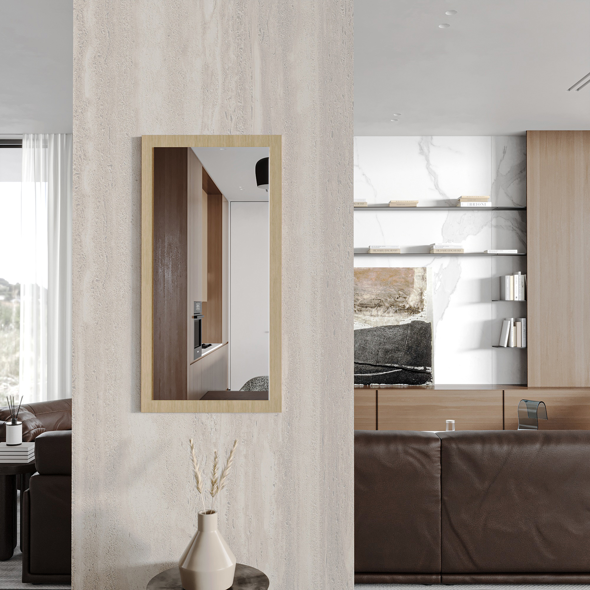 Wandspiegel Doman auf dekorativen Holzplatte im modernen Stil mit elegantem Rahmen und Befestigung