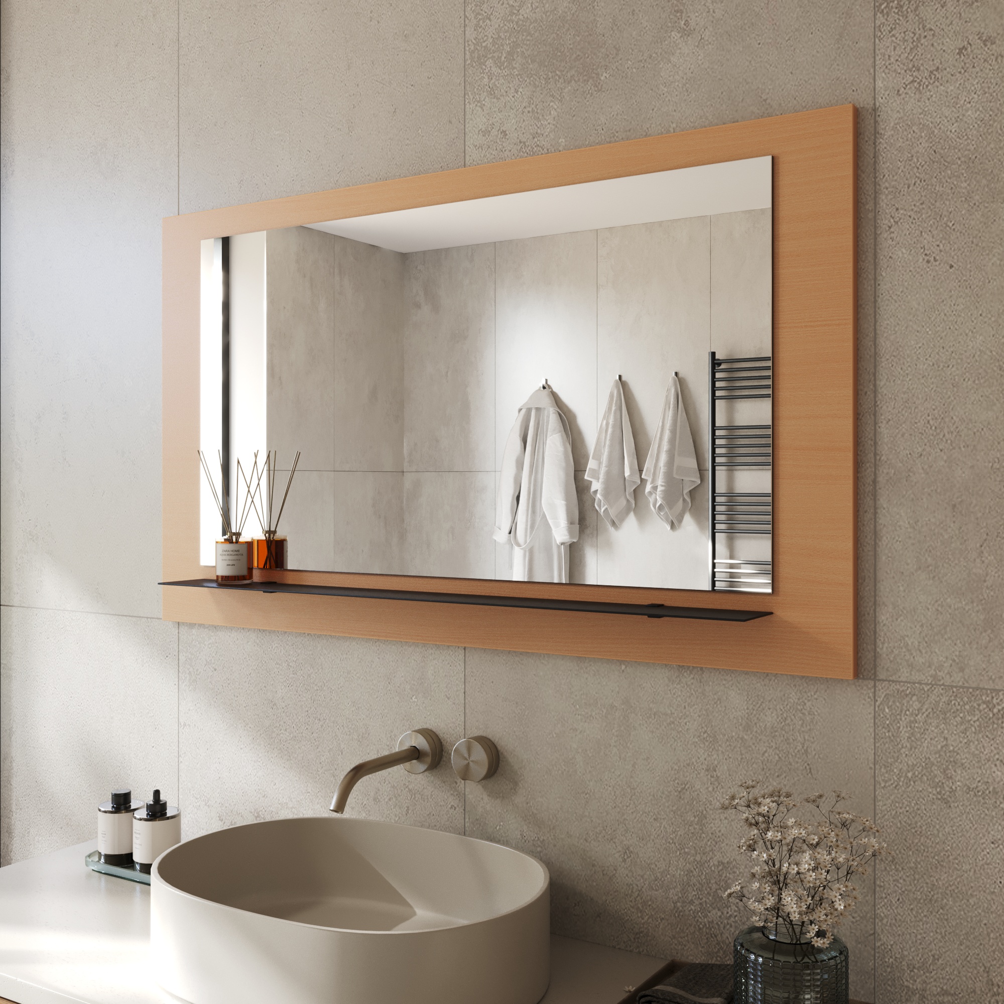 Wandspiegel Anina auf dekorativen Holzplatte im modernen Stil mit elegantem Rahmen und Befestigung