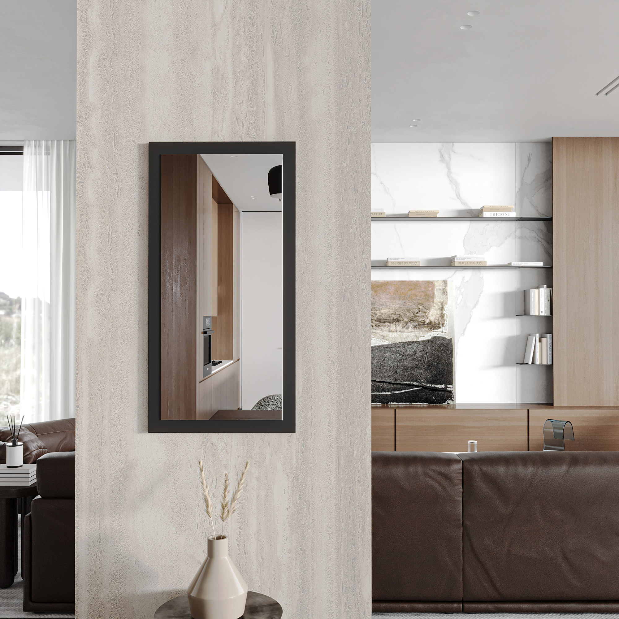 Wandspiegel Doman auf dekorativen Holzplatte im modernen Stil mit elegantem Rahmen und Befestigung