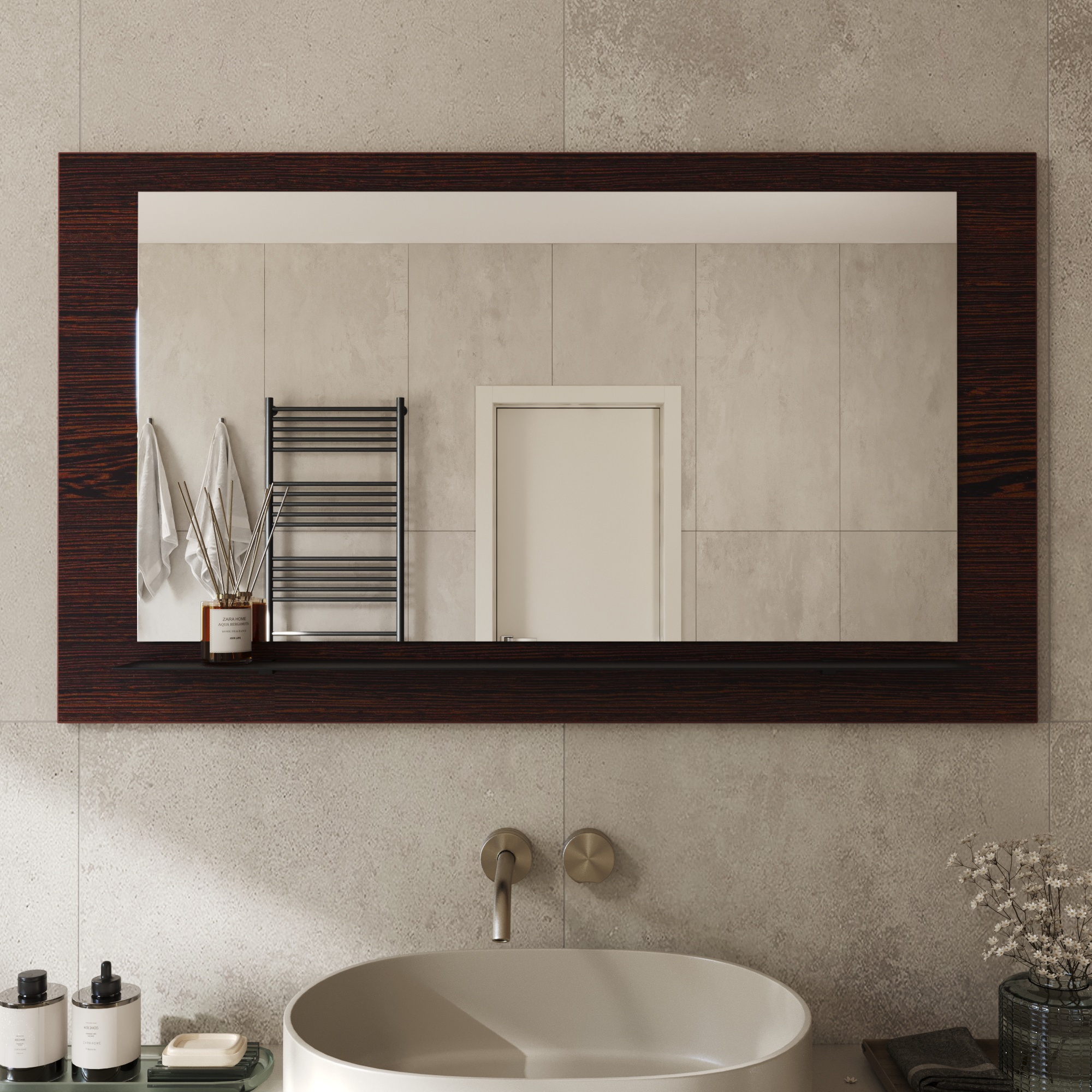 Wandspiegel Anina auf dekorativen Holzplatte im modernen Stil mit elegantem Rahmen und Befestigung