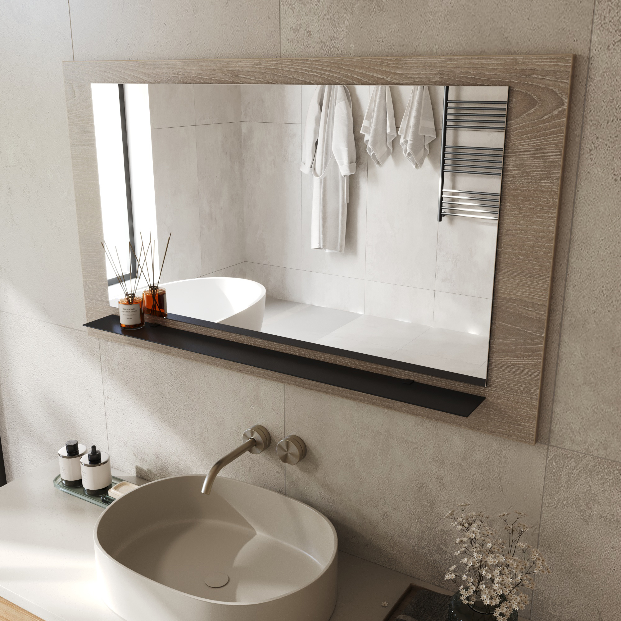 Wandspiegel Anina auf dekorativen Holzplatte im modernen Stil mit elegantem Rahmen und Befestigung