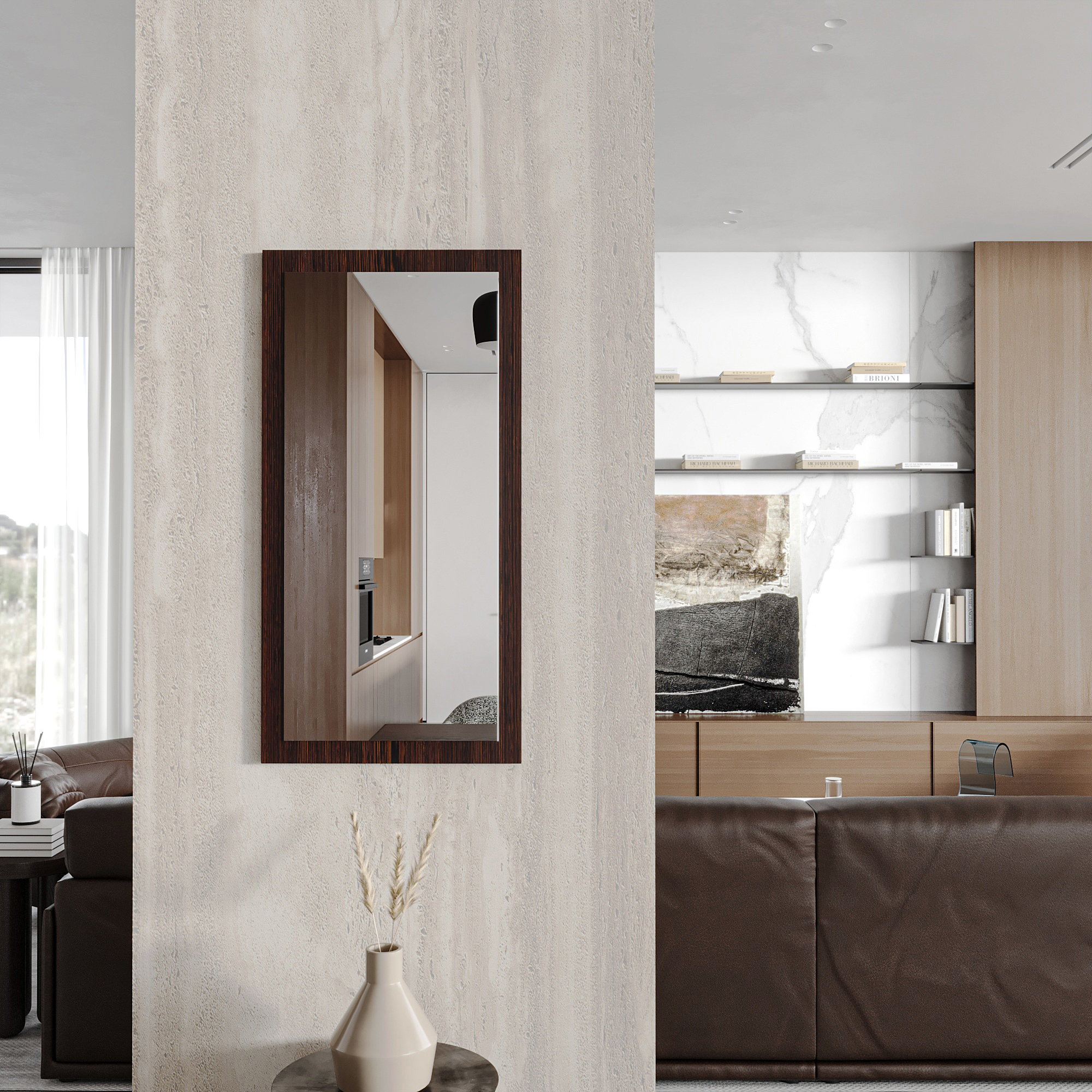 Wandspiegel Doman auf dekorativen Holzplatte im modernen Stil mit elegantem Rahmen und Befestigung