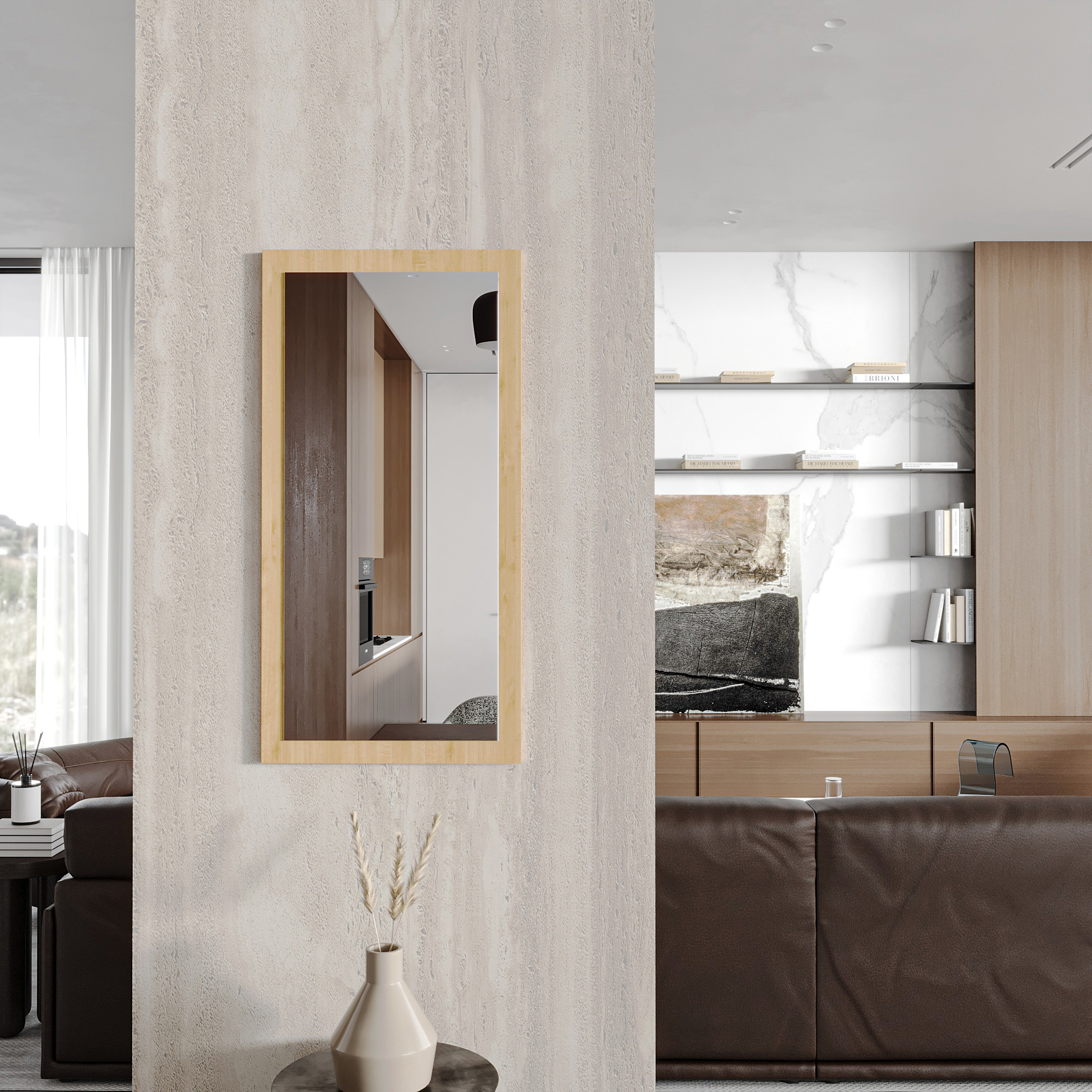 Wandspiegel Doman auf dekorativen Holzplatte im modernen Stil mit elegantem Rahmen und Befestigung