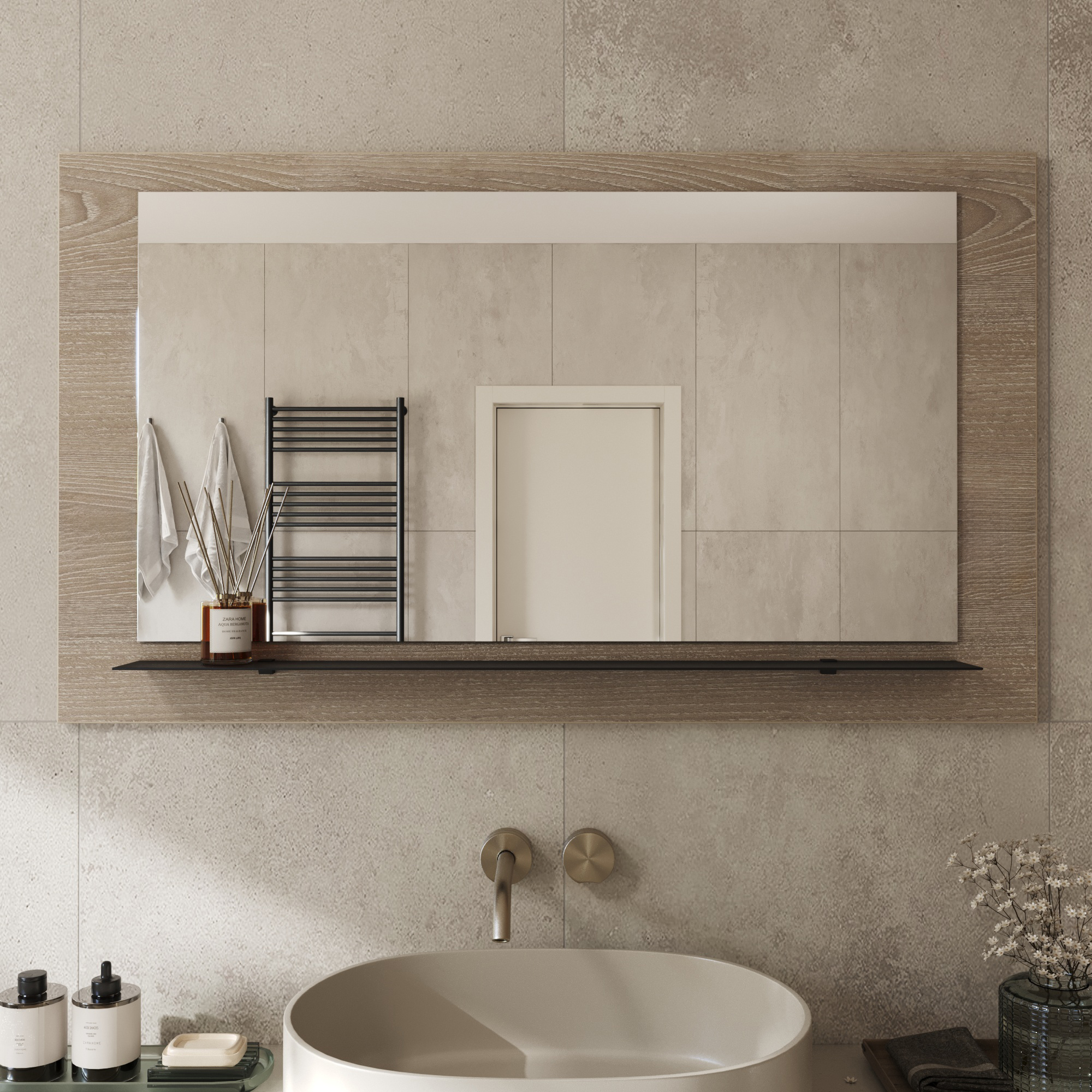 Wandspiegel Anina auf dekorativen Holzplatte im modernen Stil mit elegantem Rahmen und Befestigung