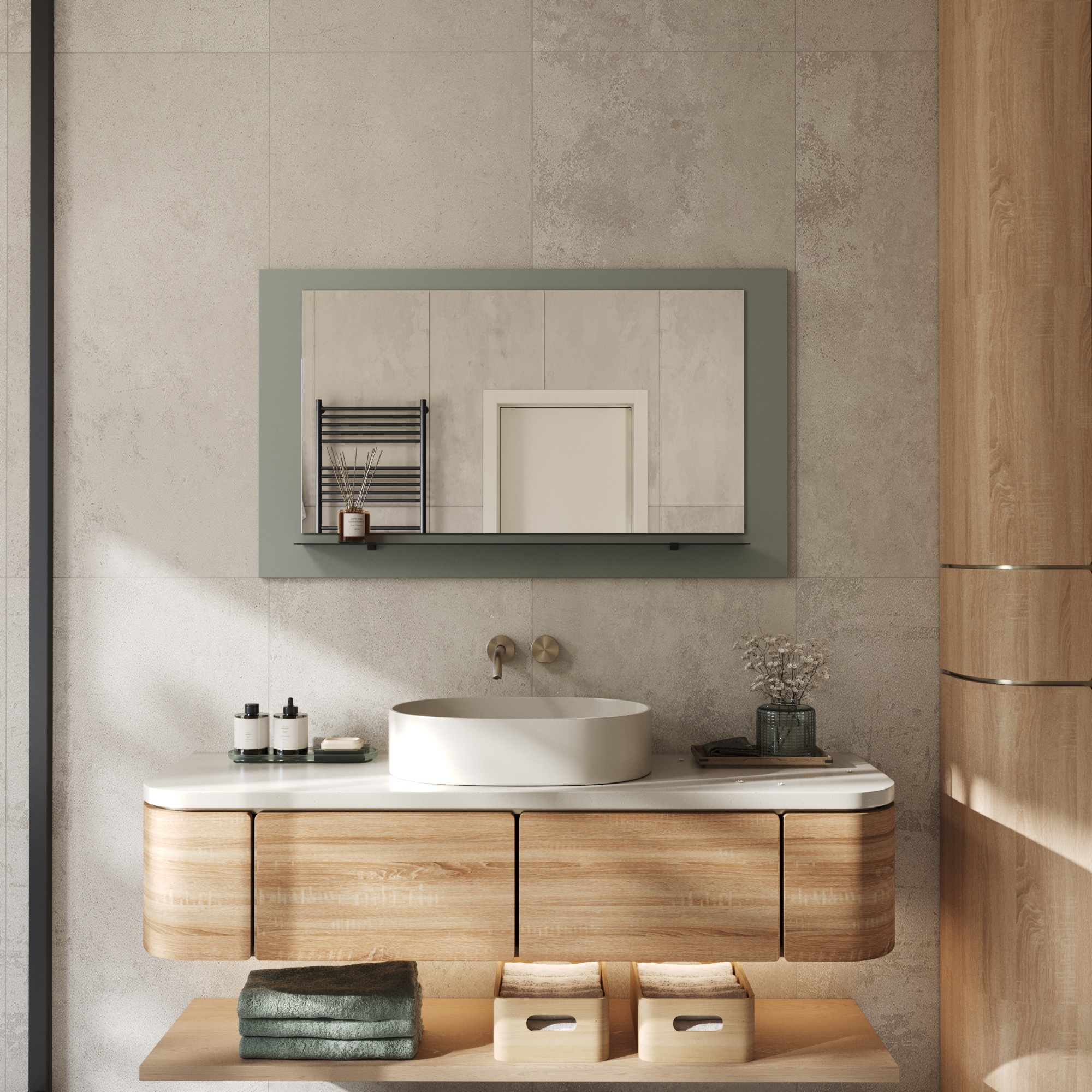 Wandspiegel Anina auf dekorativen Holzplatte im modernen Stil mit elegantem Rahmen und Befestigung