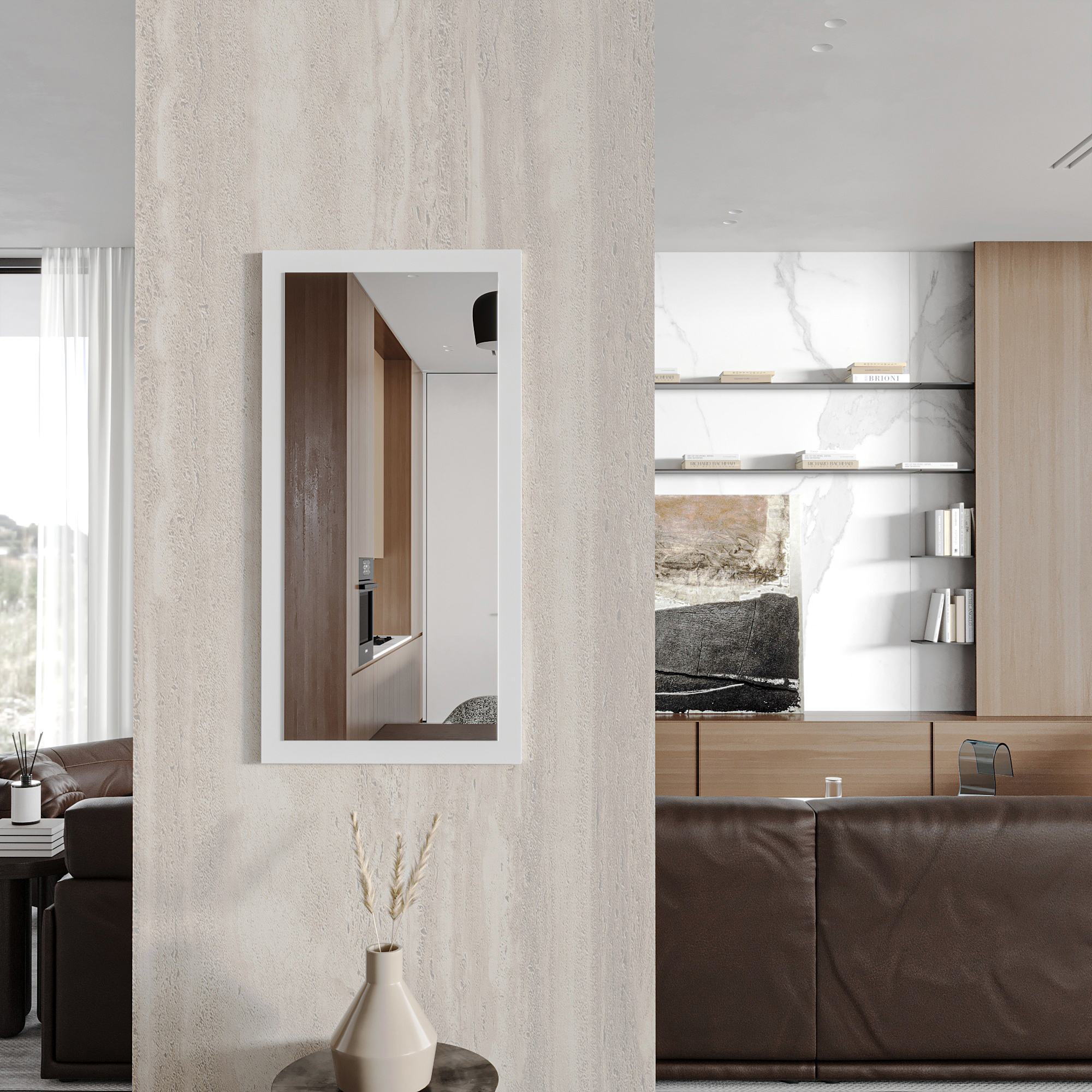 Wandspiegel Doman auf dekorativen Holzplatte im modernen Stil mit elegantem Rahmen und Befestigung