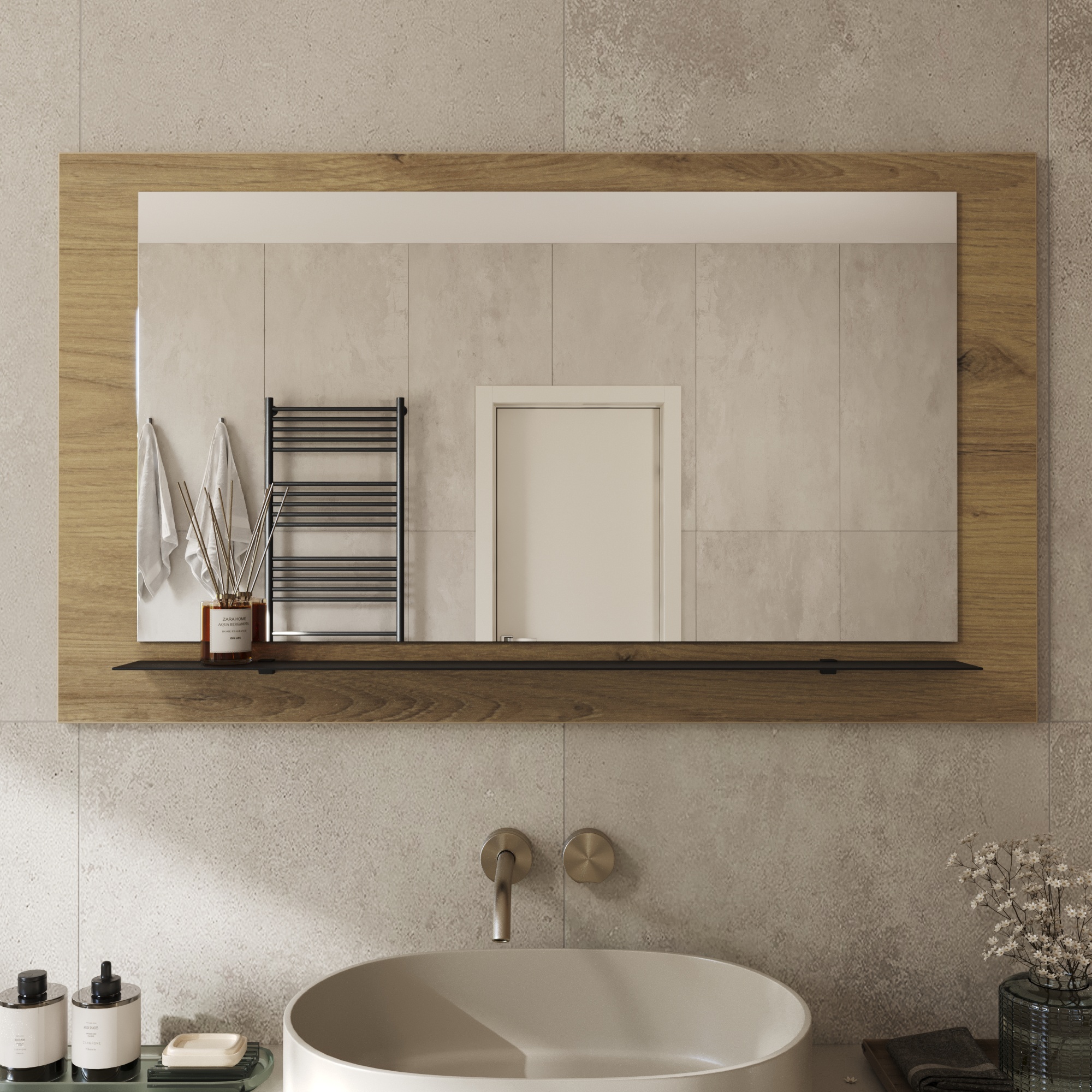Wandspiegel Anina auf dekorativen Holzplatte im modernen Stil mit elegantem Rahmen und Befestigung
