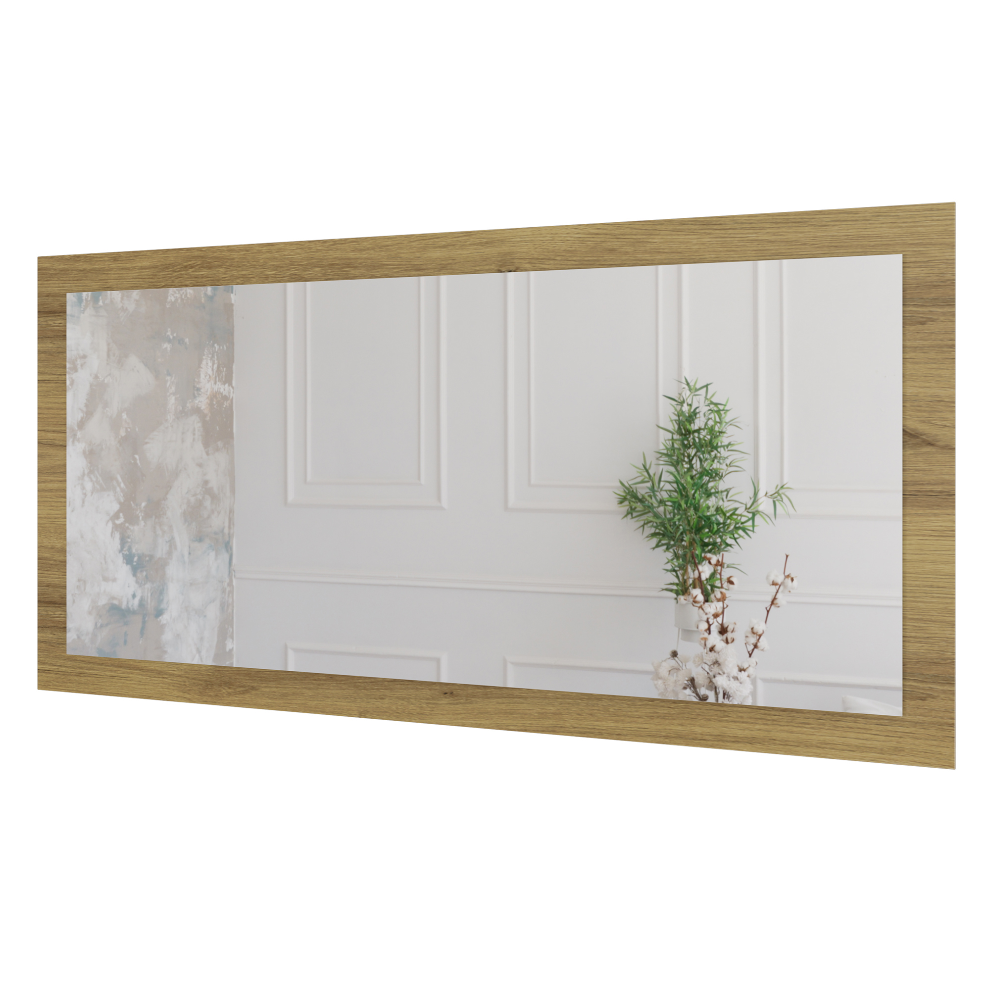 Wandspiegel Doman auf dekorativen Holzplatte im modernen Stil mit elegantem Rahmen und Befestigung