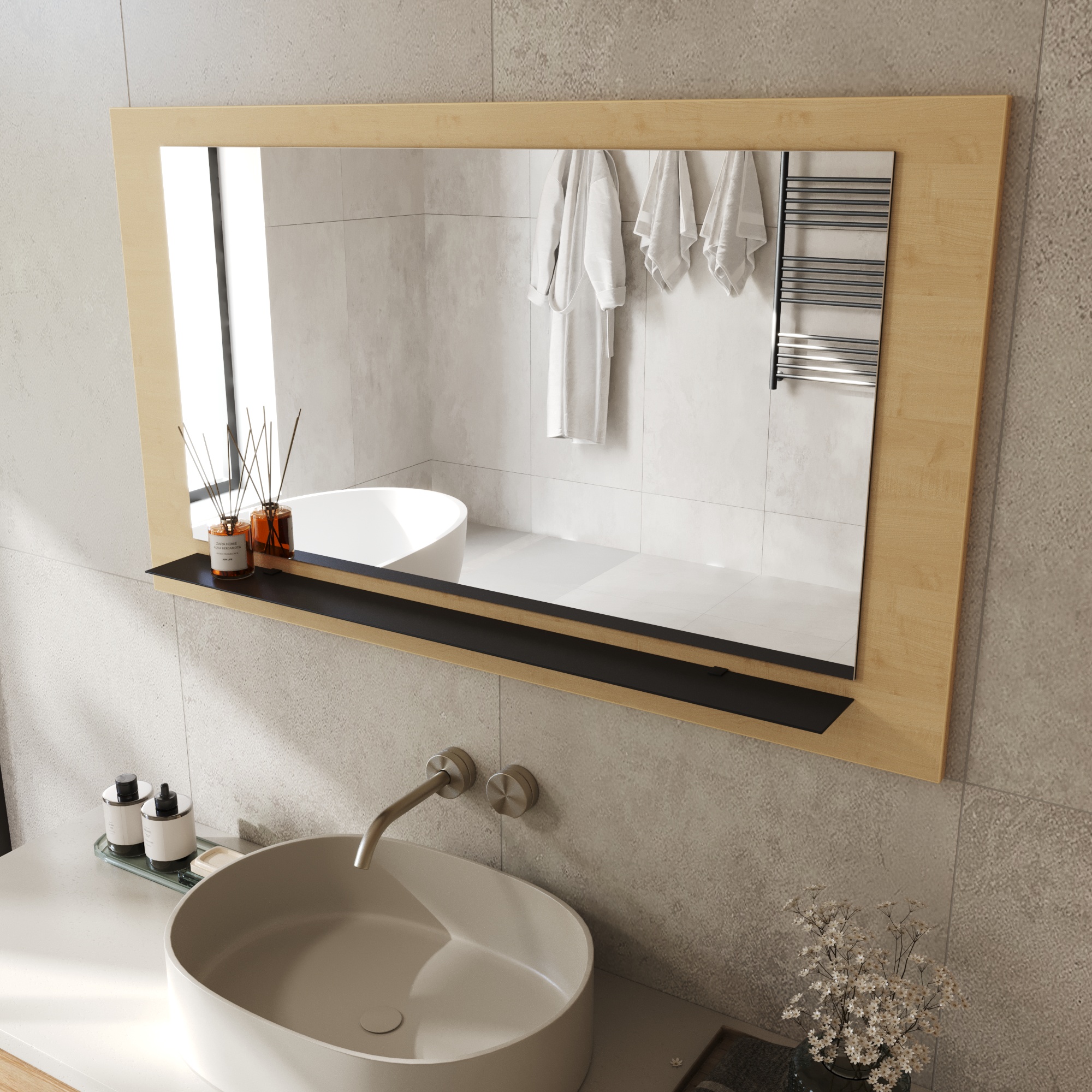 Wandspiegel Anina auf dekorativen Holzplatte im modernen Stil mit elegantem Rahmen und Befestigung