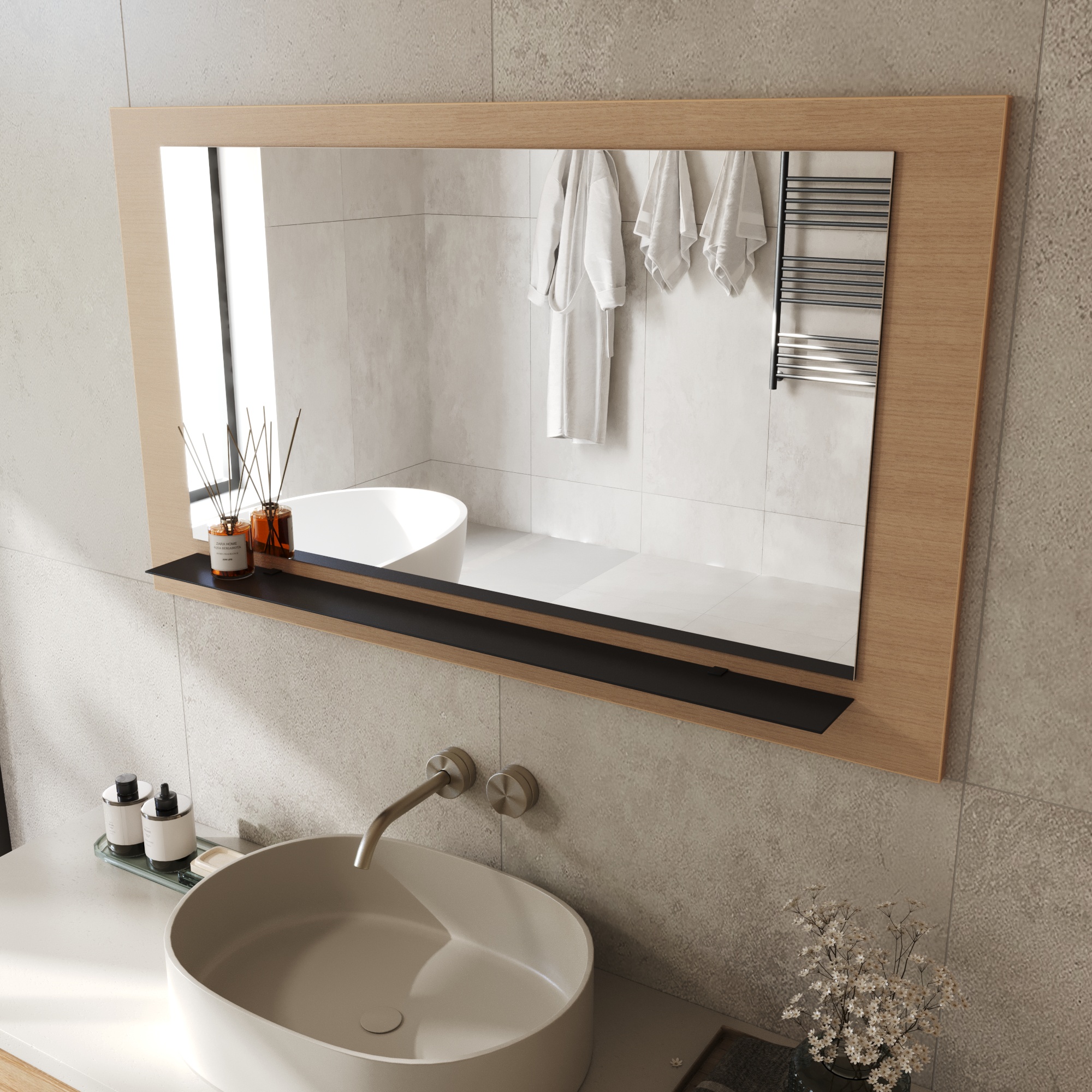 Wandspiegel Anina auf dekorativen Holzplatte im modernen Stil mit elegantem Rahmen und Befestigung