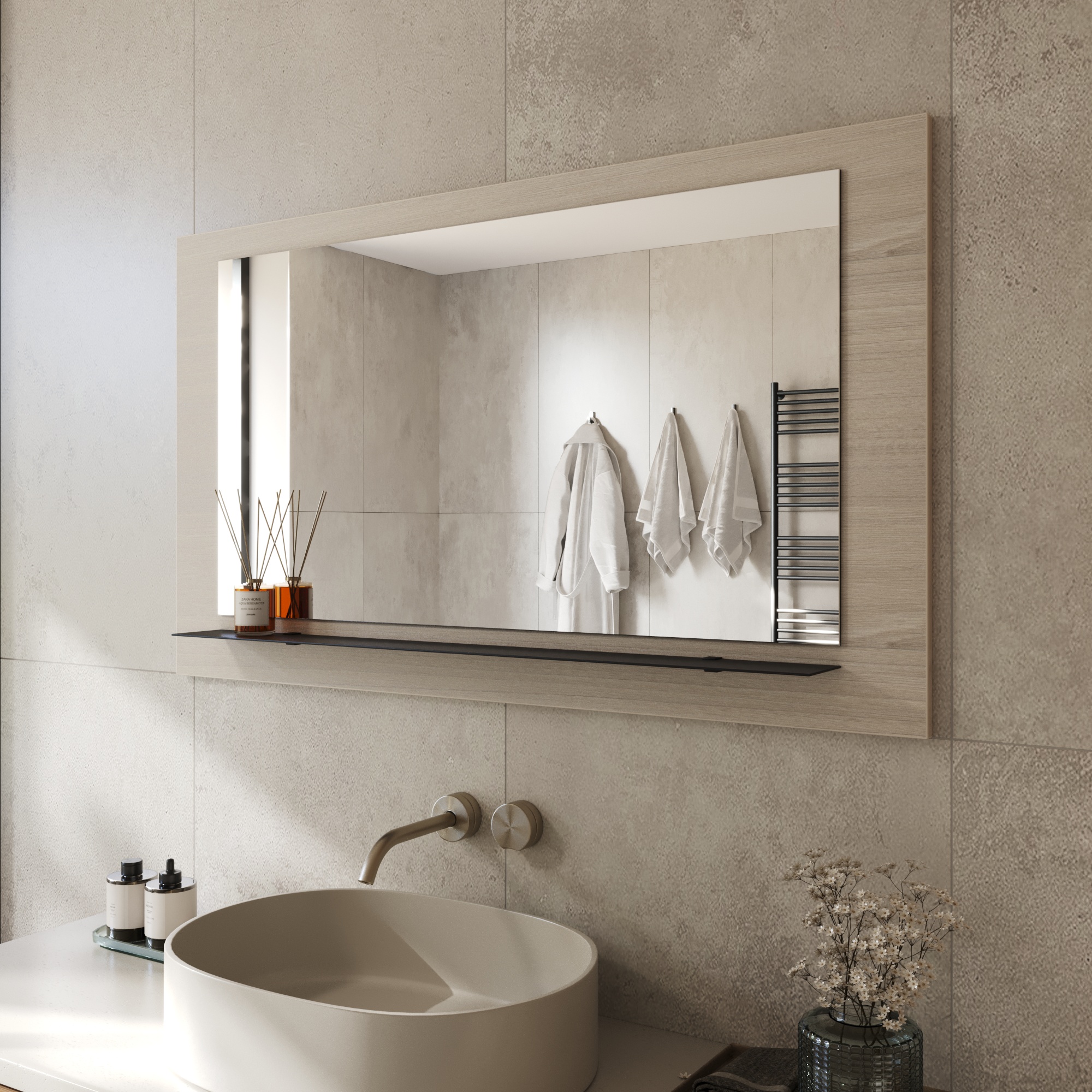 Wandspiegel Anina auf dekorativen Holzplatte im modernen Stil mit elegantem Rahmen und Befestigung