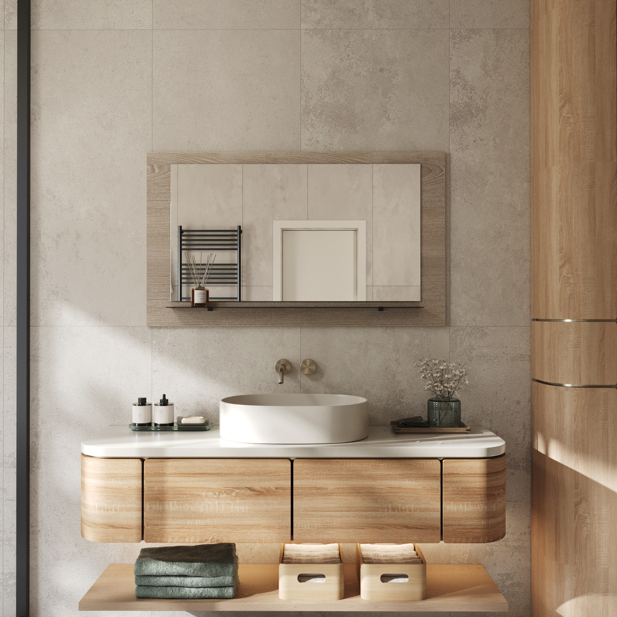 Wandspiegel Anina auf dekorativen Holzplatte im modernen Stil mit elegantem Rahmen und Befestigung