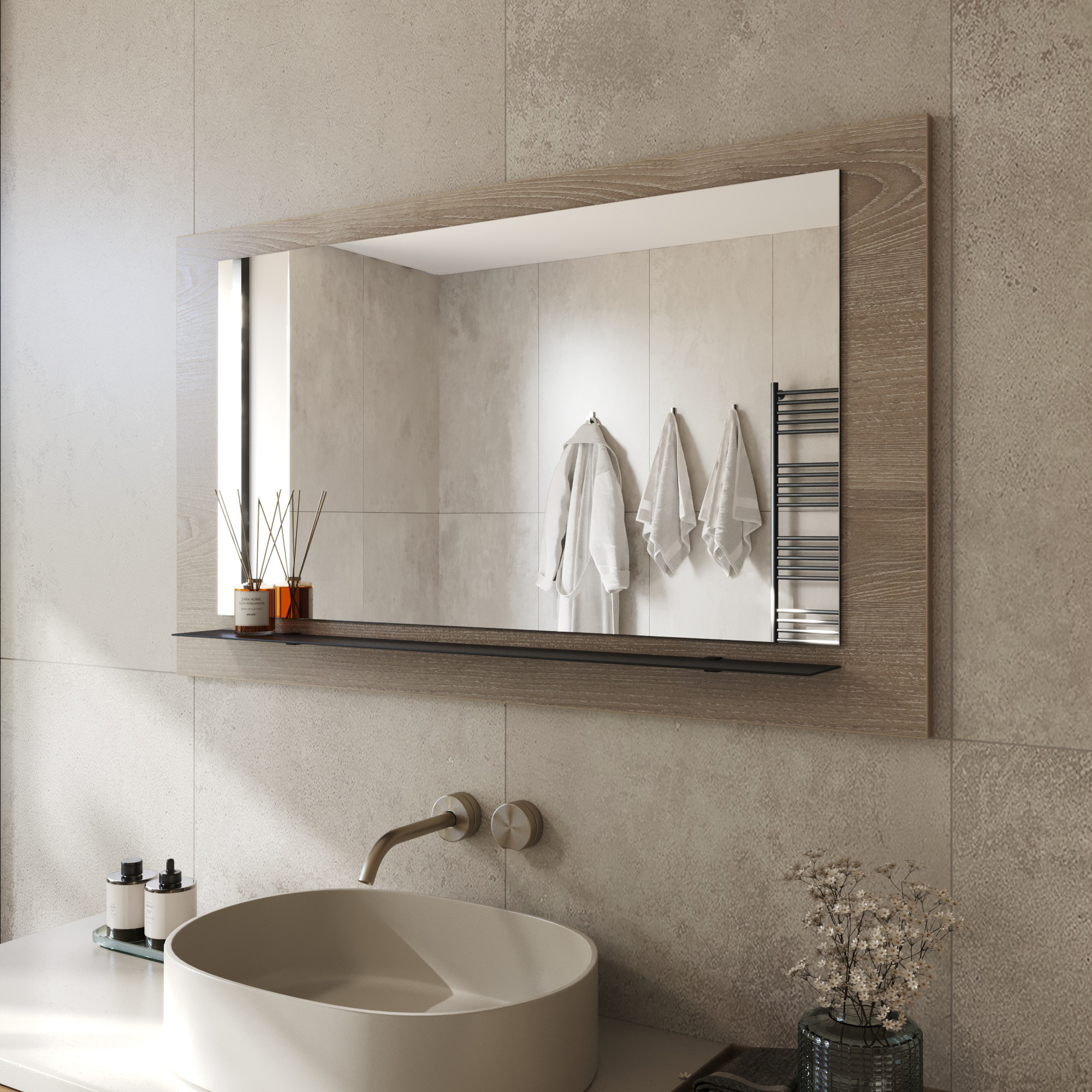 Wandspiegel Anina auf dekorativen Holzplatte im modernen Stil mit elegantem Rahmen und Befestigung