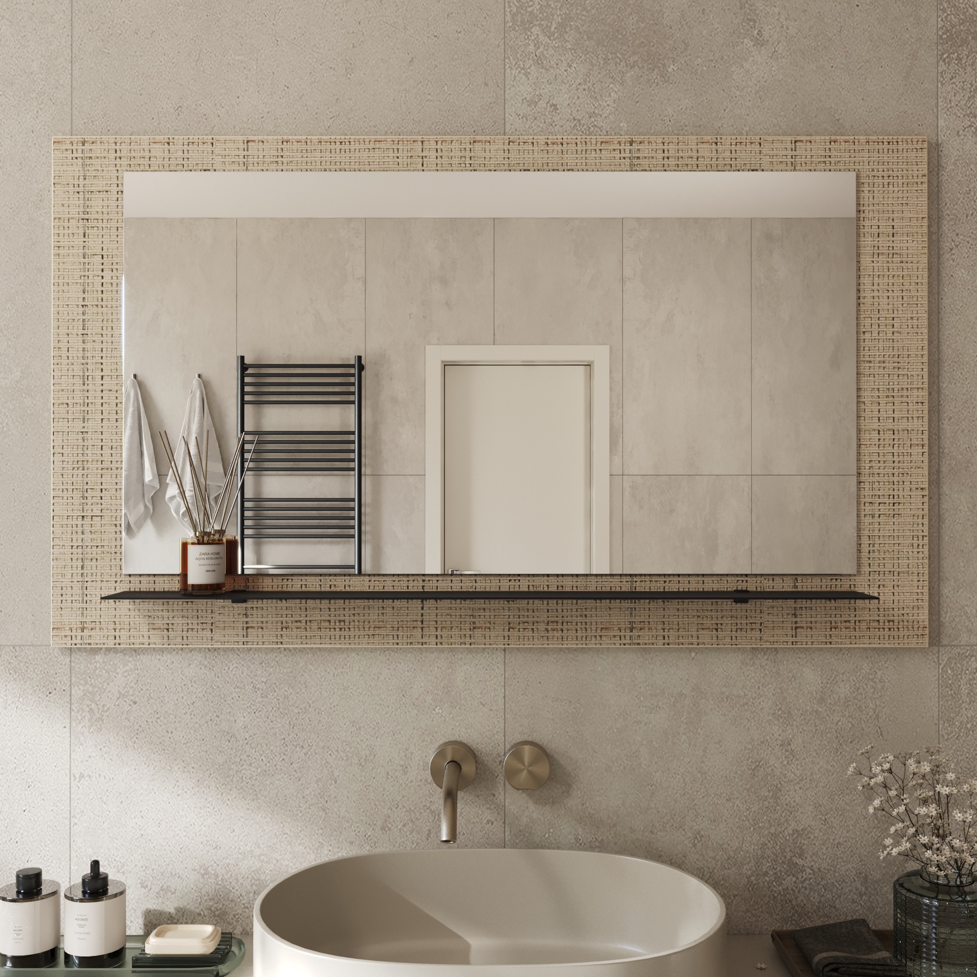 Wandspiegel Anina auf dekorativen Holzplatte im modernen Stil mit elegantem Rahmen und Befestigung