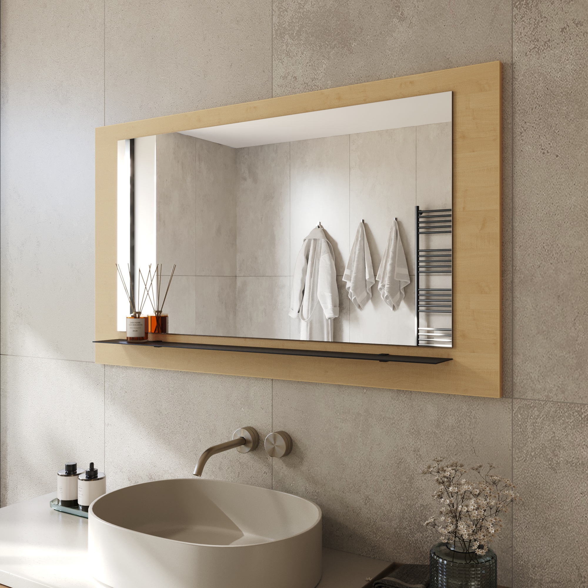 Wandspiegel Anina auf dekorativen Holzplatte im modernen Stil mit elegantem Rahmen und Befestigung