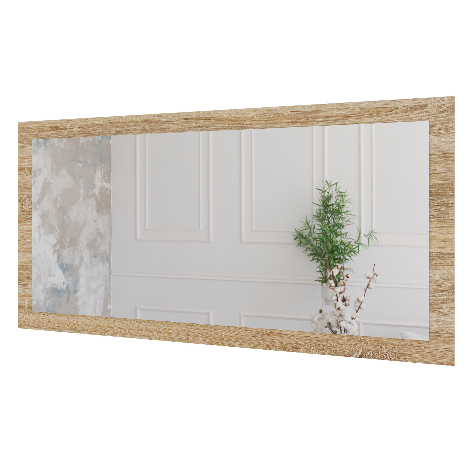 Wandspiegel Doman auf dekorativen Holzplatte im modernen Stil mit elegantem Rahmen und Befestigung