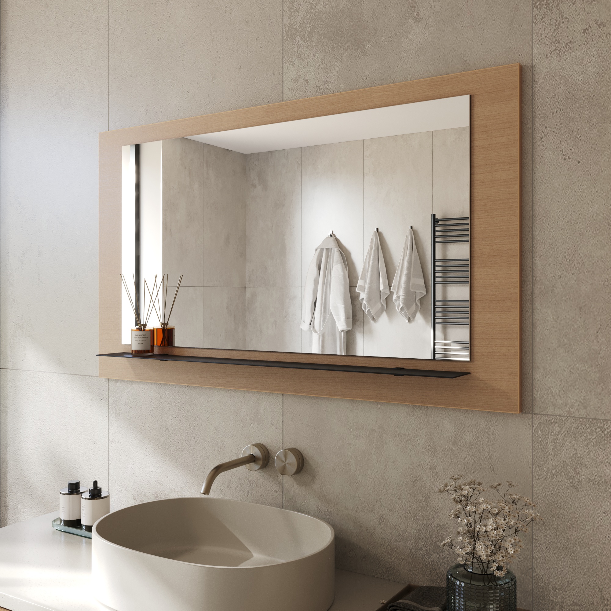 Wandspiegel Anina auf dekorativen Holzplatte im modernen Stil mit elegantem Rahmen und Befestigung