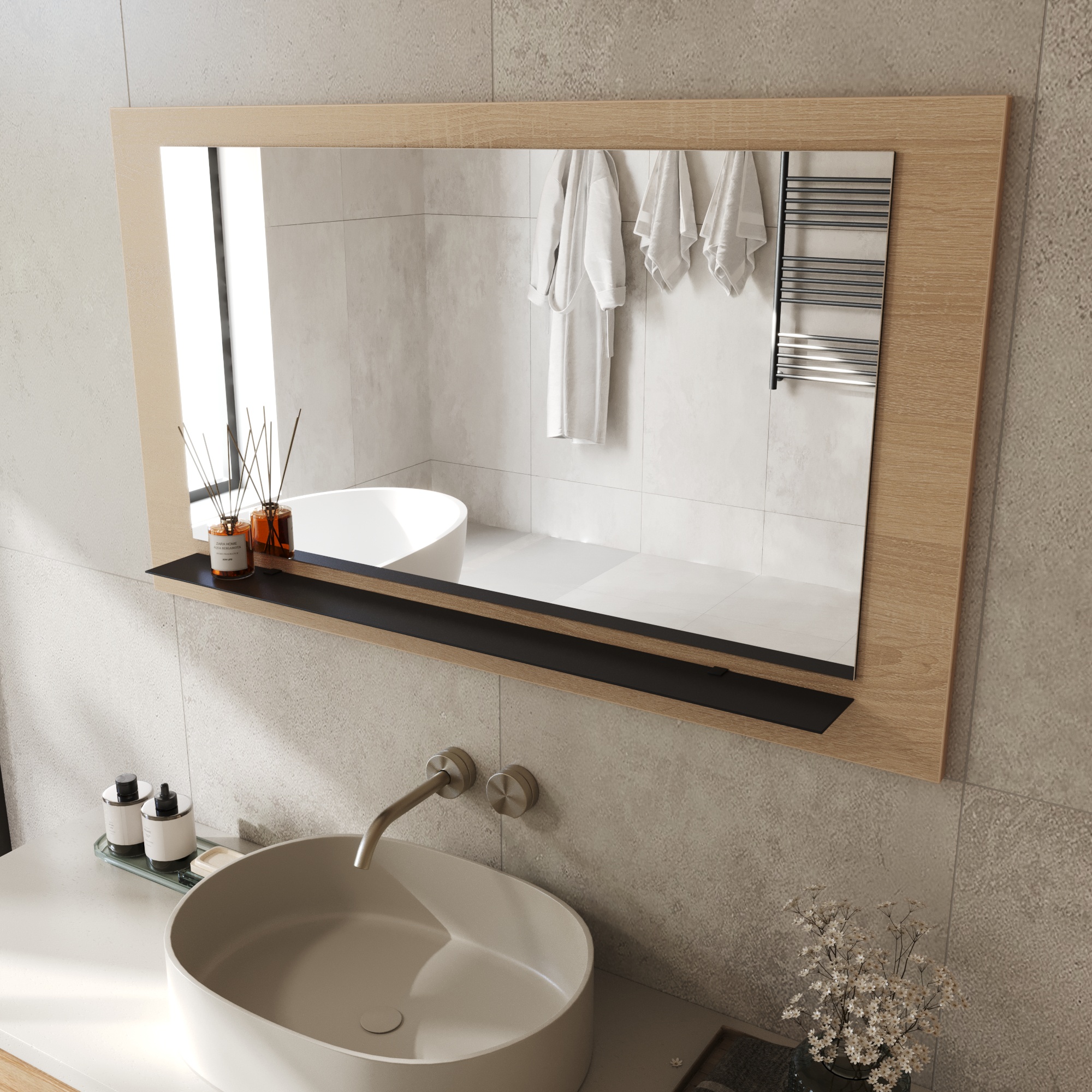Wandspiegel Anina auf dekorativen Holzplatte im modernen Stil mit elegantem Rahmen und Befestigung
