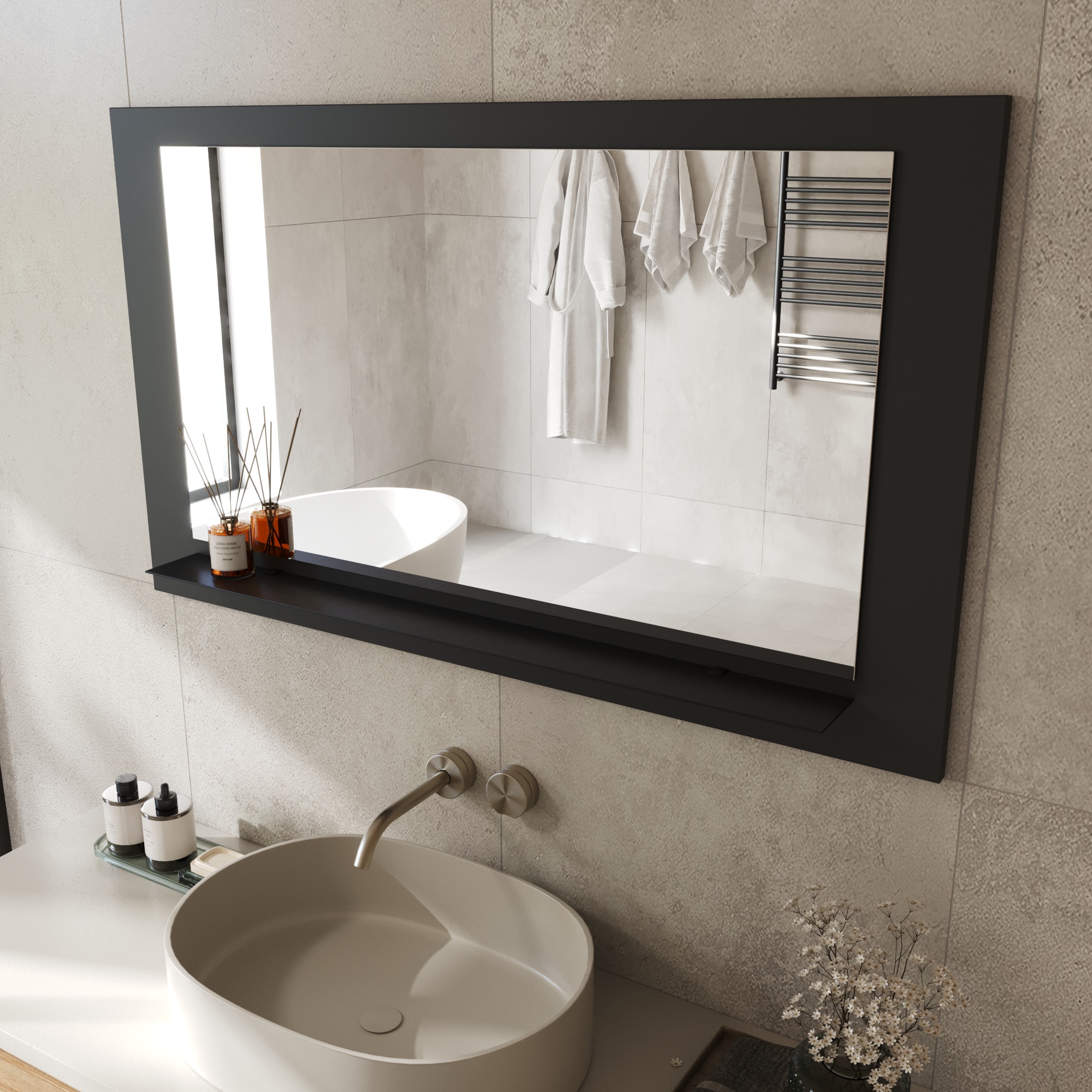 Wandspiegel Anina auf dekorativen Holzplatte im modernen Stil mit elegantem Rahmen und Befestigung