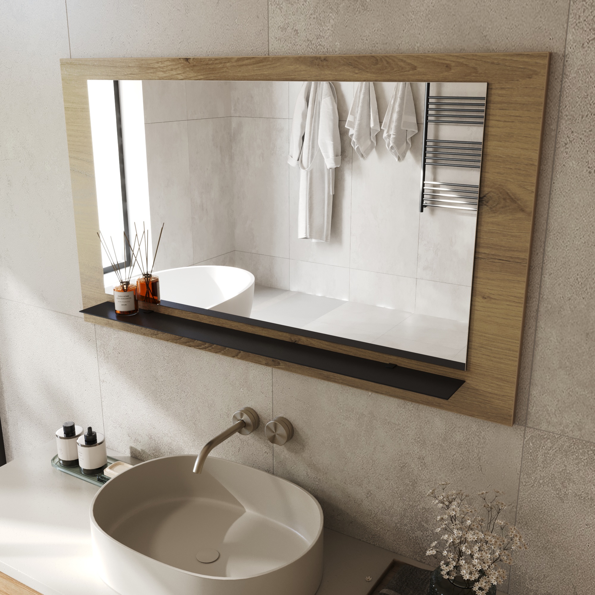 Wandspiegel Anina auf dekorativen Holzplatte im modernen Stil mit elegantem Rahmen und Befestigung