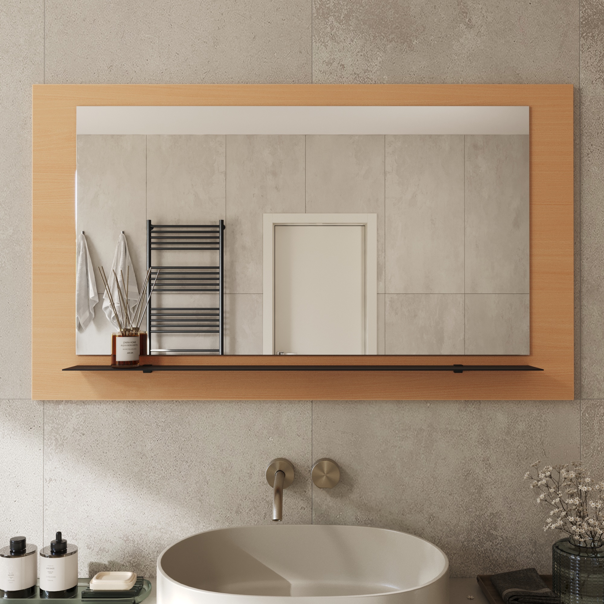 Wandspiegel Anina auf dekorativen Holzplatte im modernen Stil mit elegantem Rahmen und Befestigung