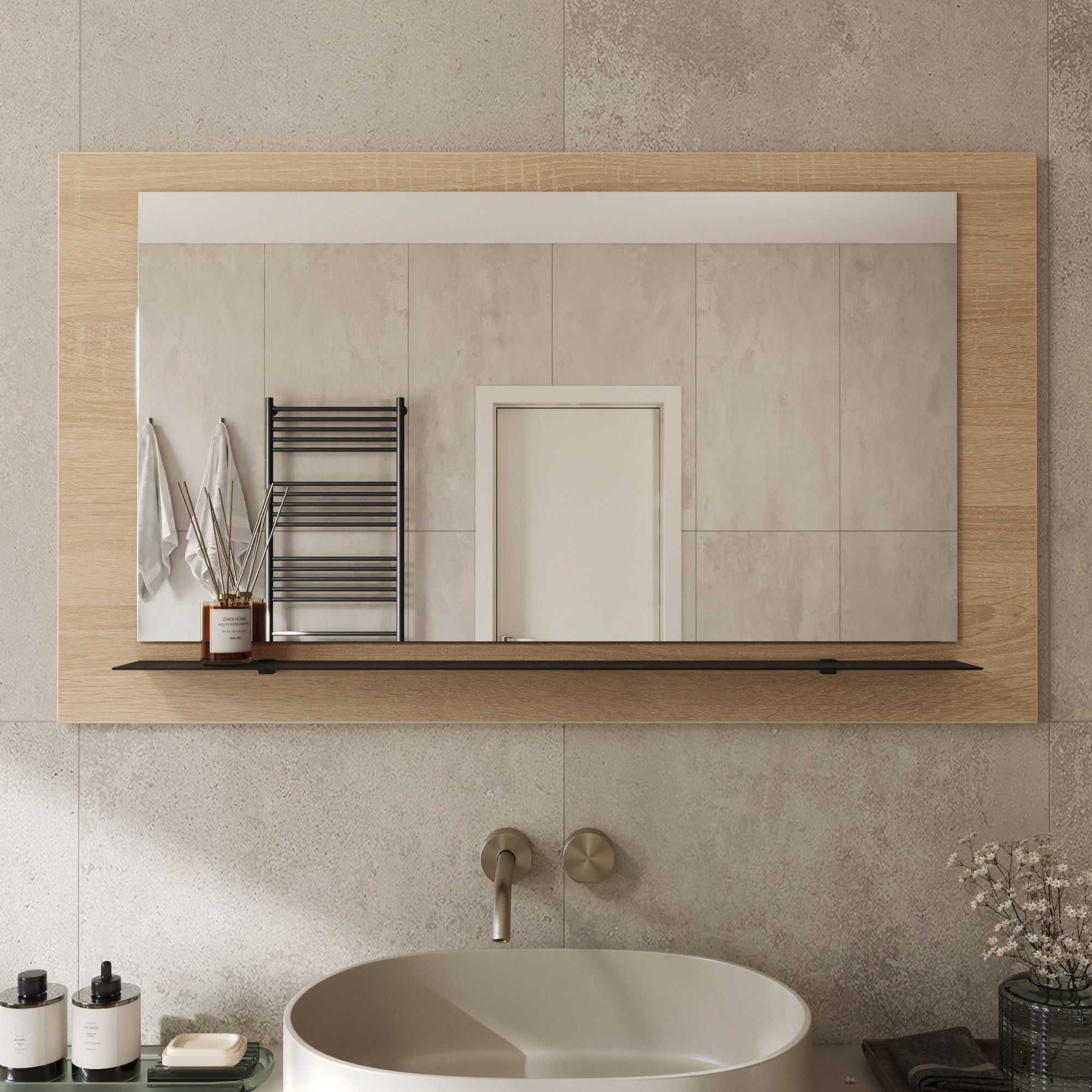 Wandspiegel Anina auf dekorativen Holzplatte im modernen Stil mit elegantem Rahmen und Befestigung