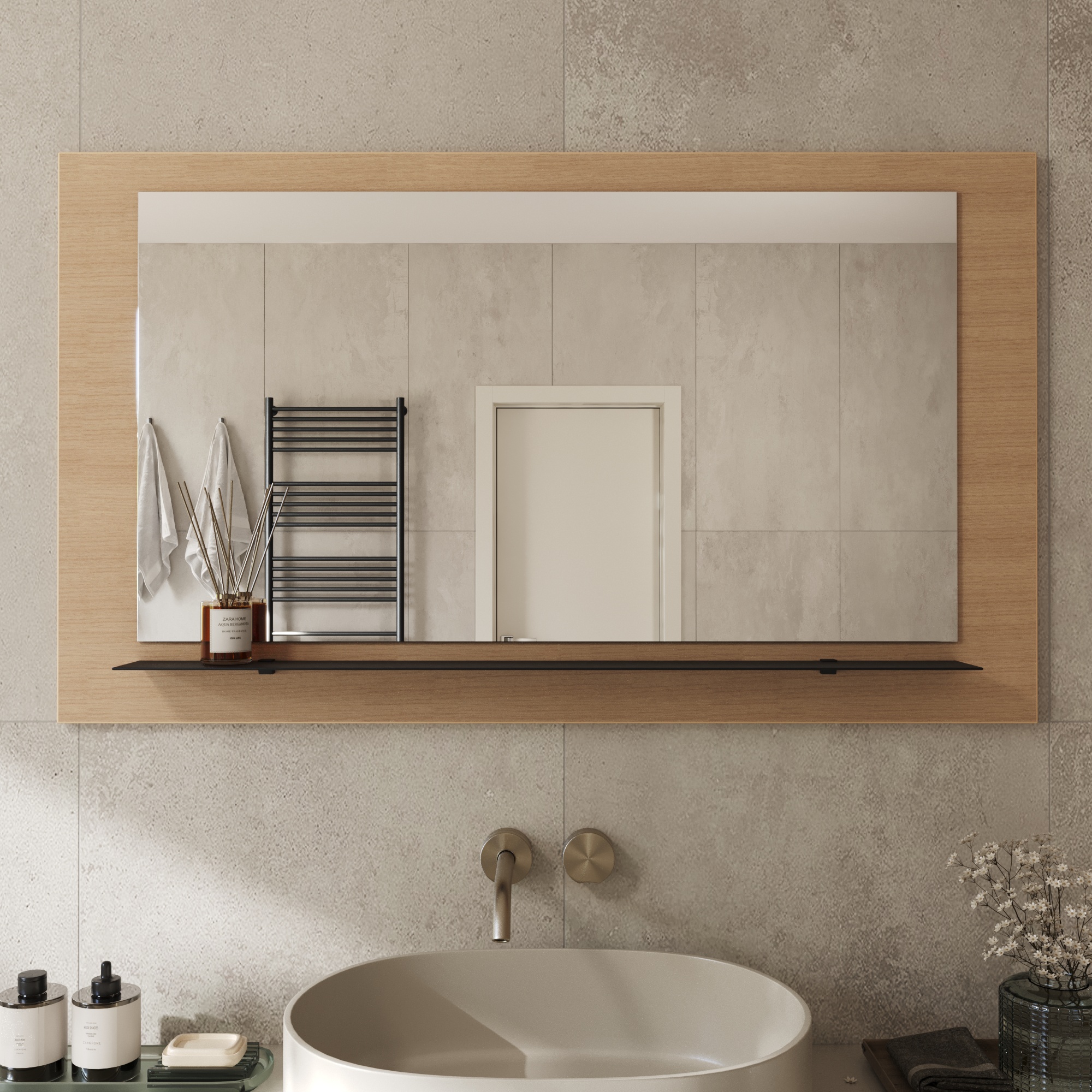 Wandspiegel Anina auf dekorativen Holzplatte im modernen Stil mit elegantem Rahmen und Befestigung