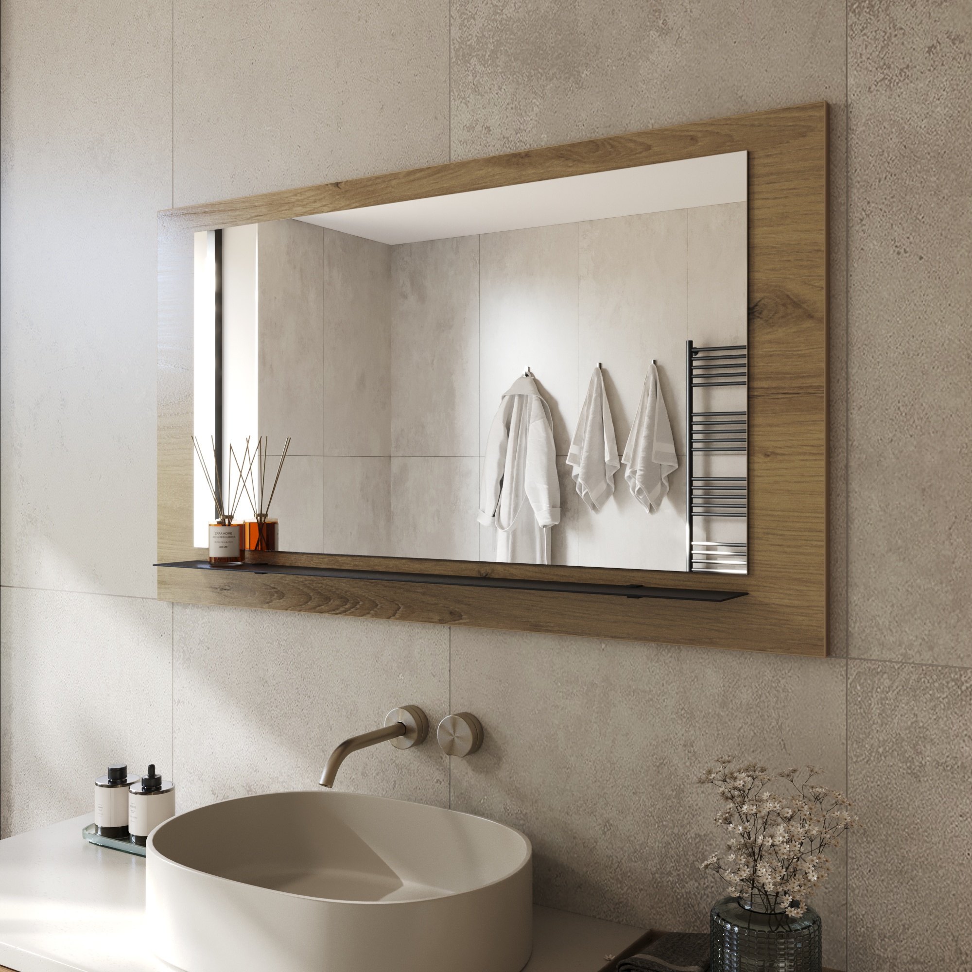 Wandspiegel Anina auf dekorativen Holzplatte im modernen Stil mit elegantem Rahmen und Befestigung
