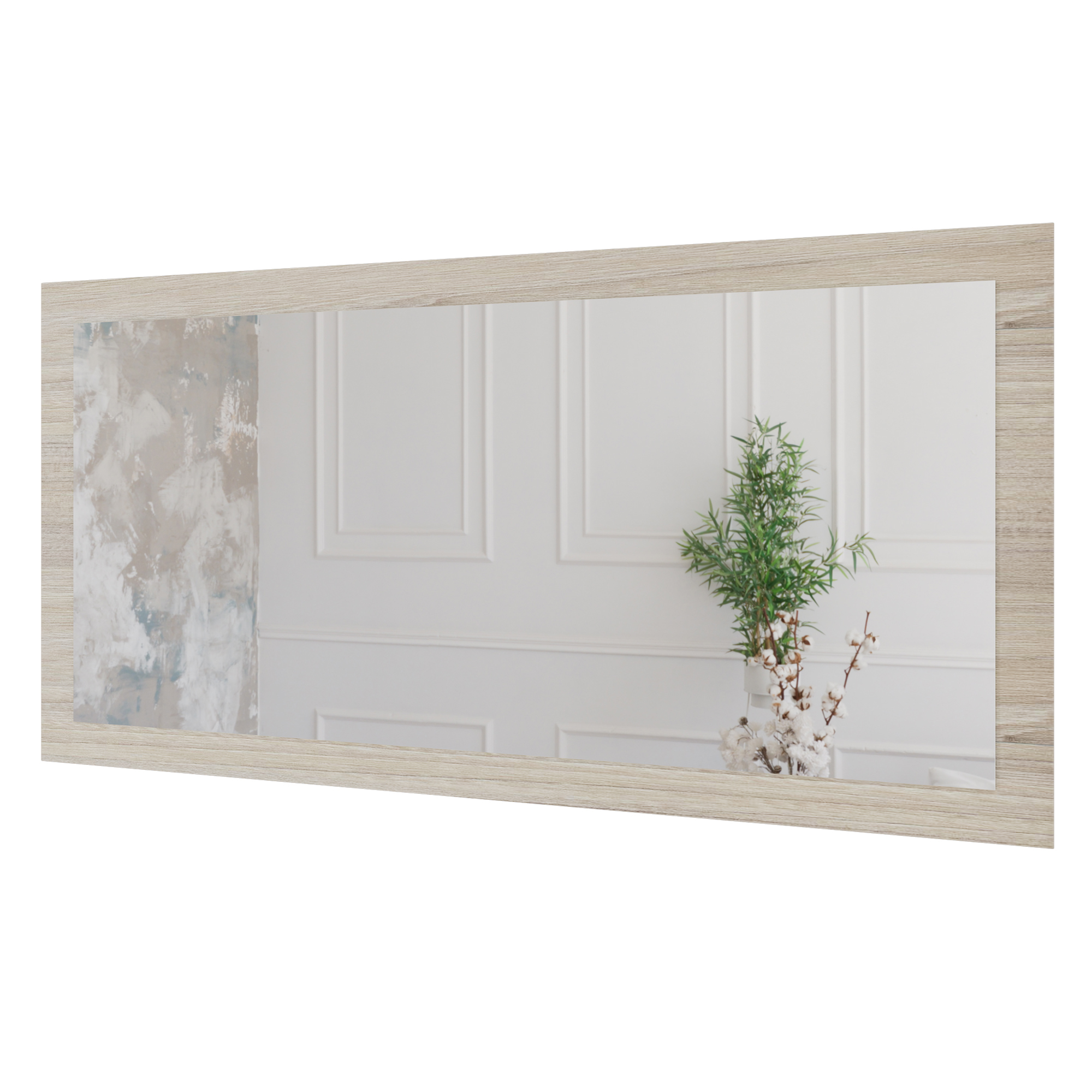 Wandspiegel Doman auf dekorativen Holzplatte im modernen Stil mit elegantem Rahmen und Befestigung