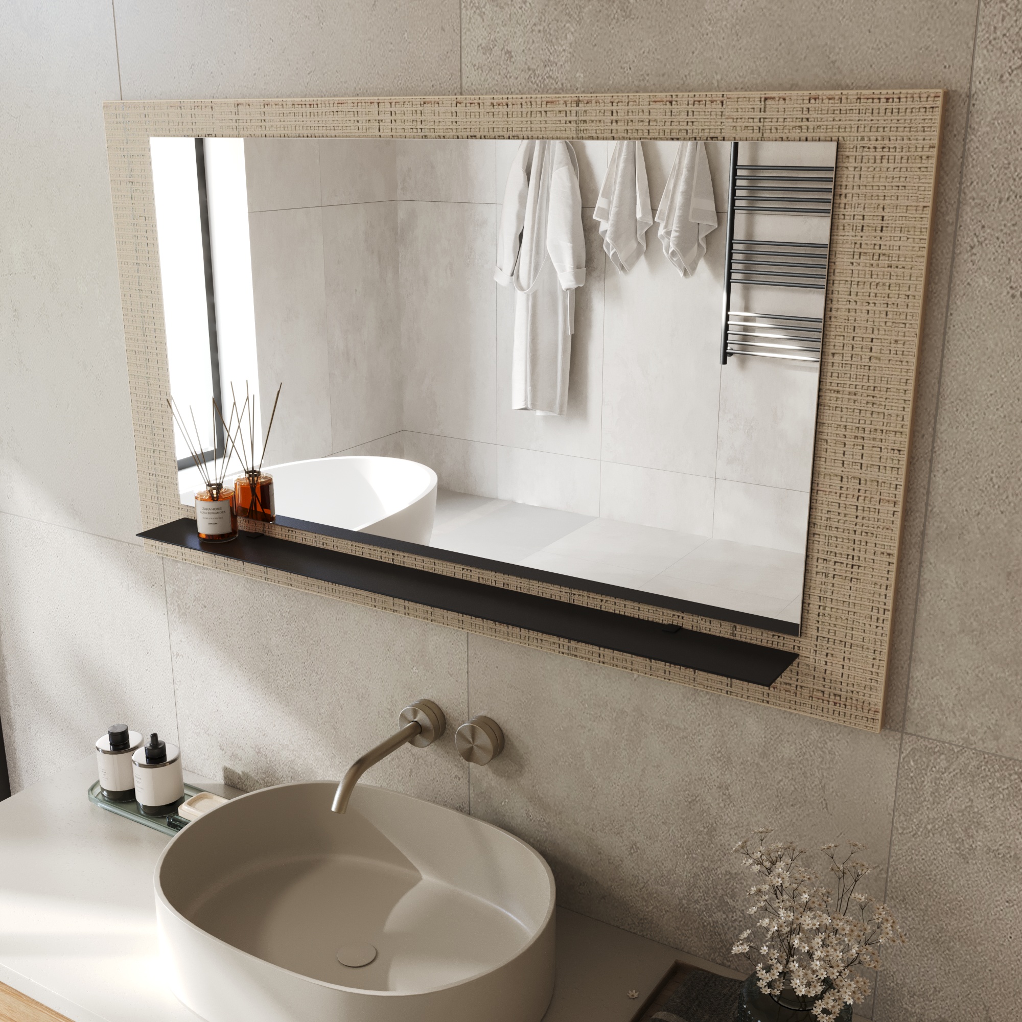 Wandspiegel Anina auf dekorativen Holzplatte im modernen Stil mit elegantem Rahmen und Befestigung