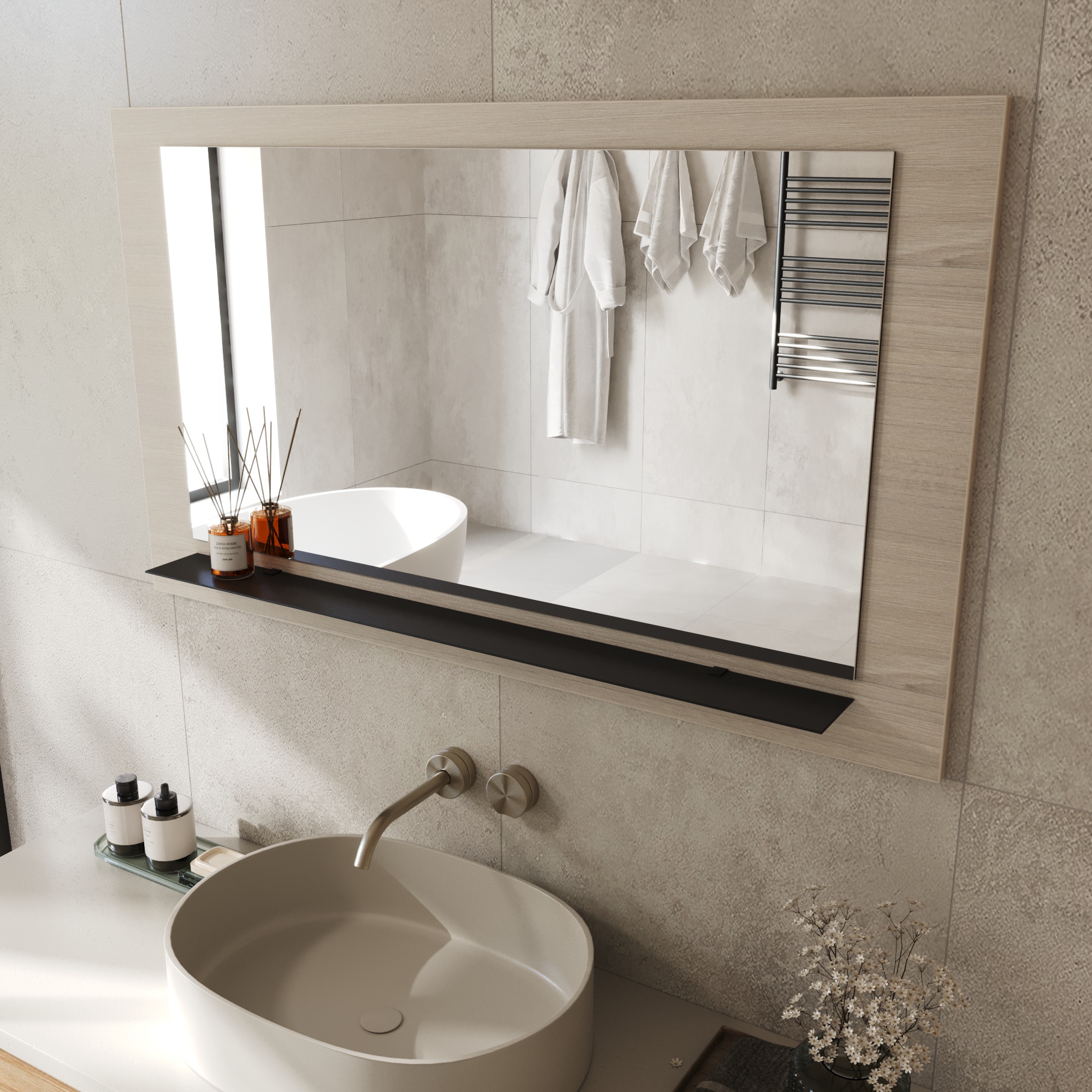 Wandspiegel Anina auf dekorativen Holzplatte im modernen Stil mit elegantem Rahmen und Befestigung