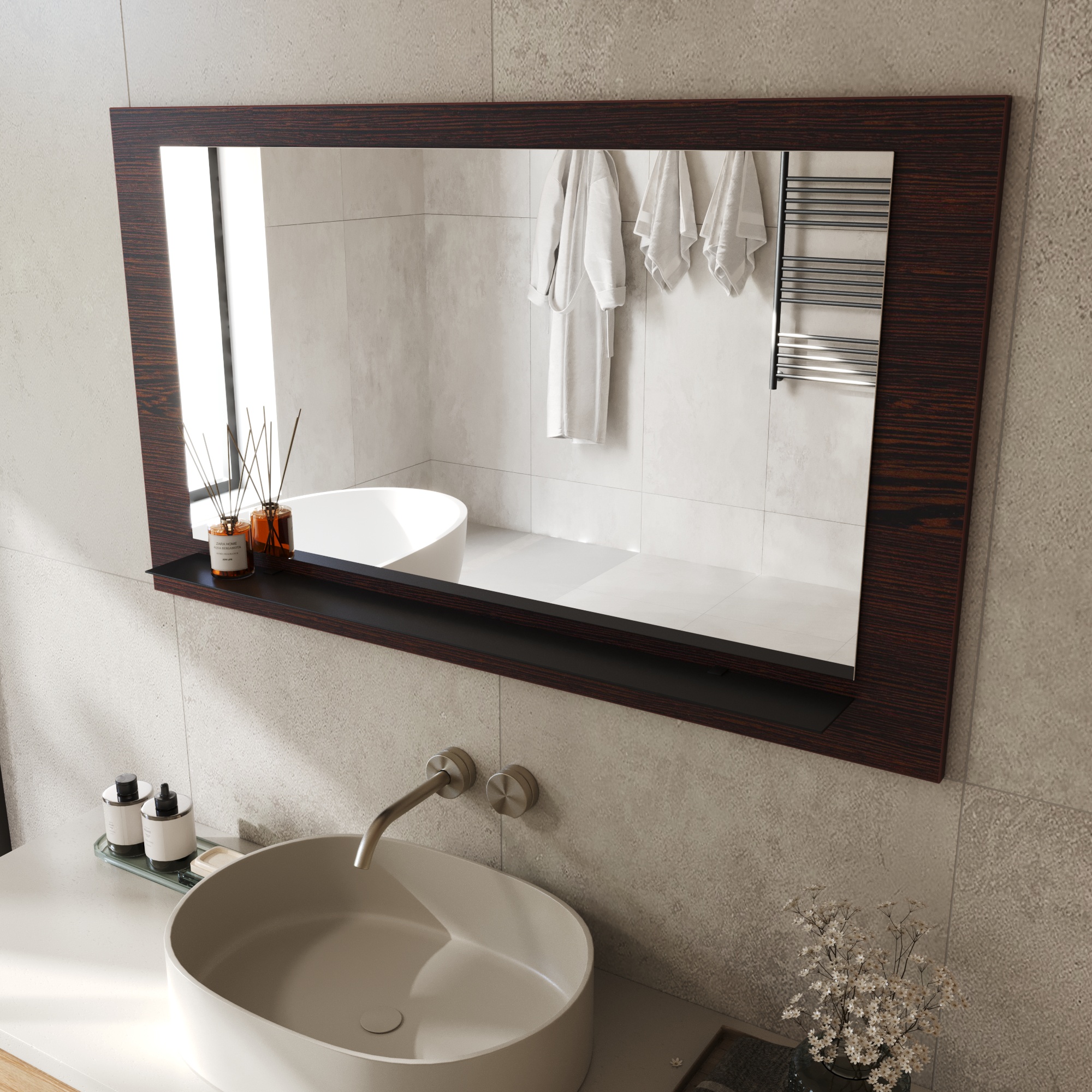 Wandspiegel Anina auf dekorativen Holzplatte im modernen Stil mit elegantem Rahmen und Befestigung