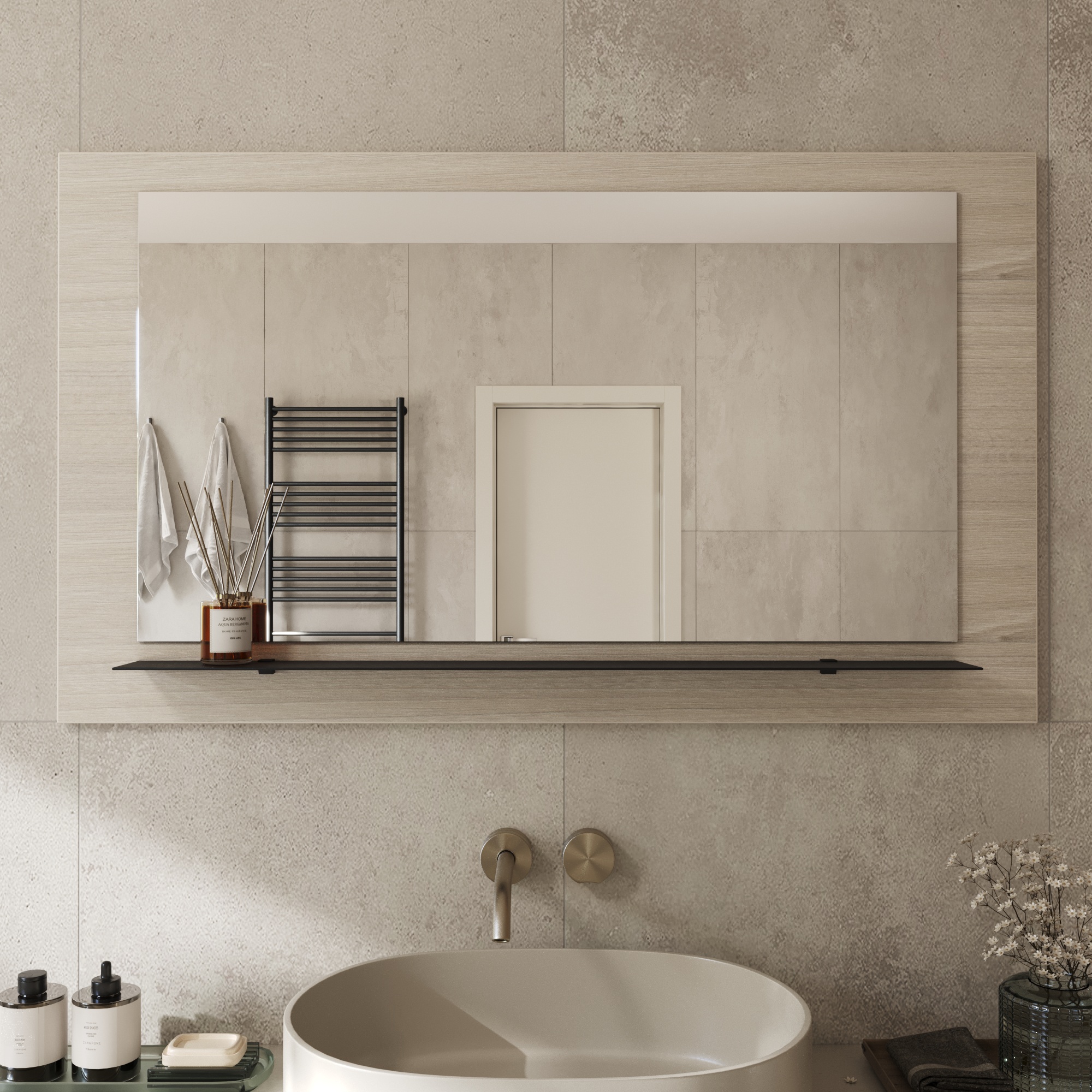 Wandspiegel Anina auf dekorativen Holzplatte im modernen Stil mit elegantem Rahmen und Befestigung
