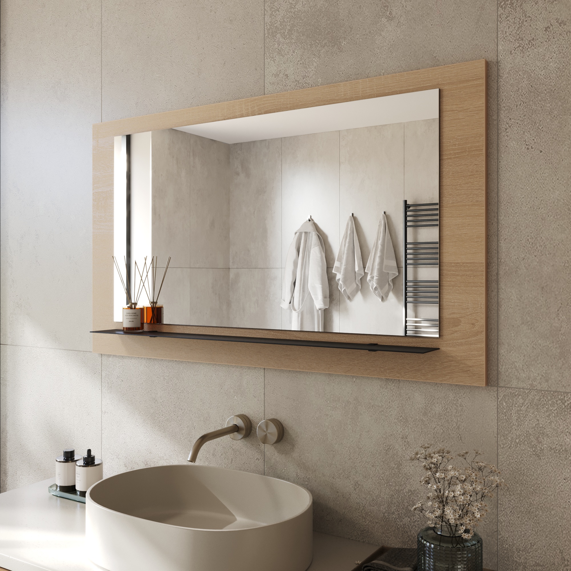 Wandspiegel Anina auf dekorativen Holzplatte im modernen Stil mit elegantem Rahmen und Befestigung