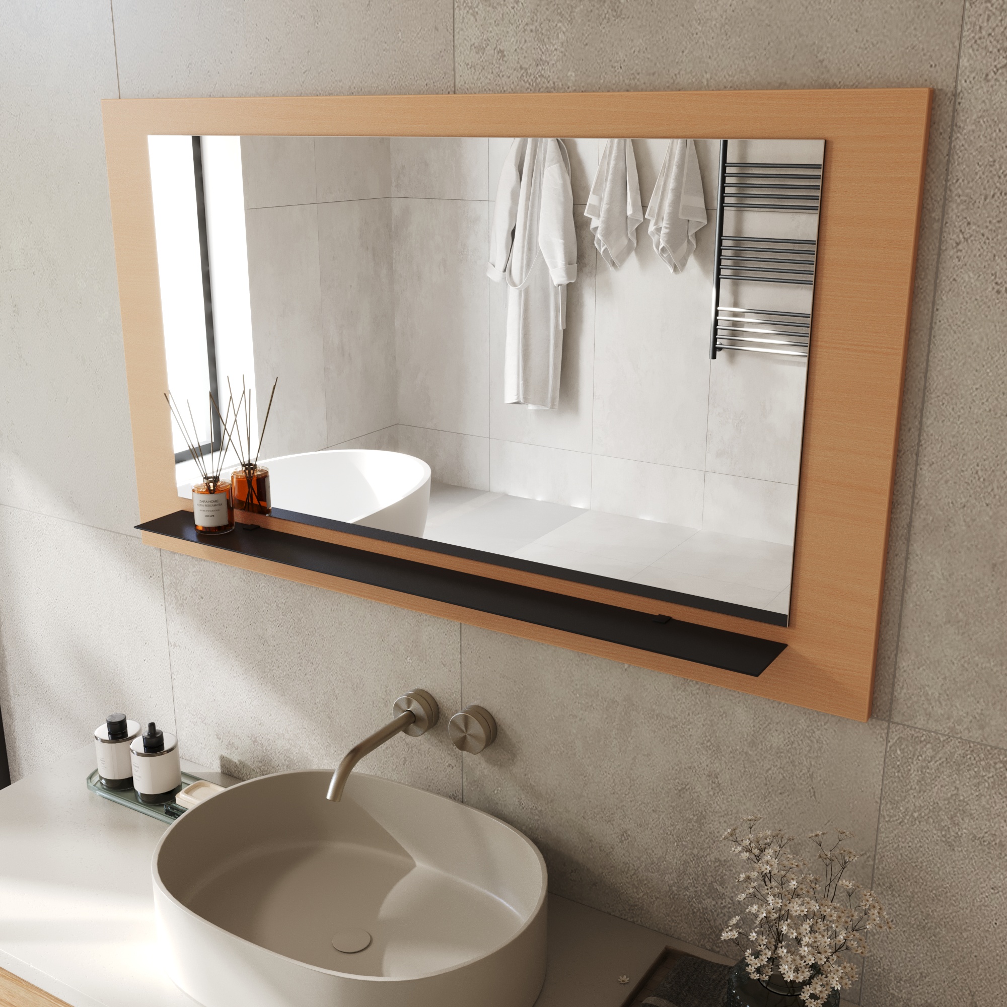 Wandspiegel Anina auf dekorativen Holzplatte im modernen Stil mit elegantem Rahmen und Befestigung