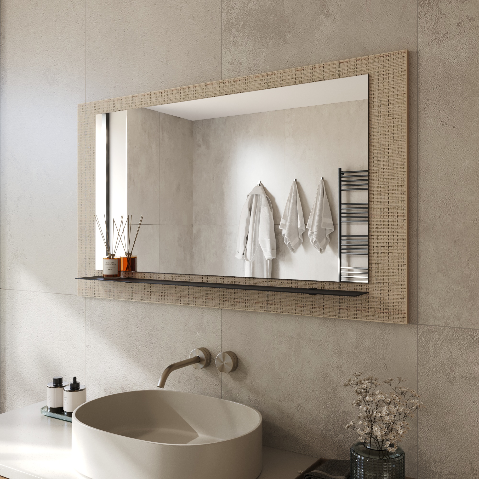 Wandspiegel Anina auf dekorativen Holzplatte im modernen Stil mit elegantem Rahmen und Befestigung