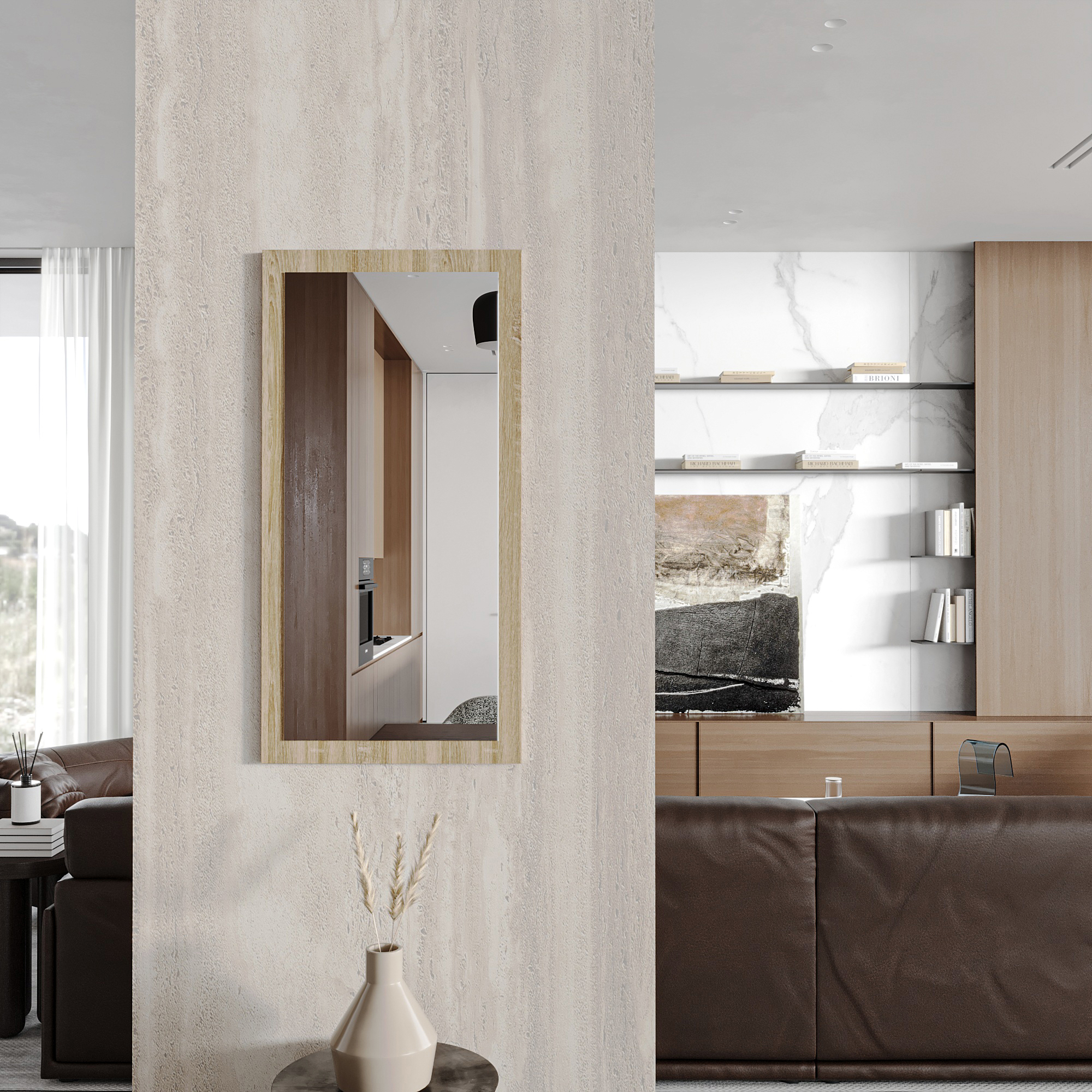 Wandspiegel Doman auf dekorativen Holzplatte im modernen Stil mit elegantem Rahmen und Befestigung